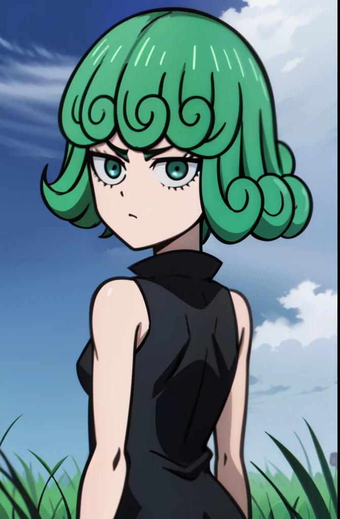 absurdos, high resolution, ultra detallado, Tatsumakitornado, pelo verde corto, Pelo RIZADO, vestido negro, mangas largas, al aire libre, grass, brazos cruzados, Desde abajo, mirando hacia otro lado, Ojos cerrados