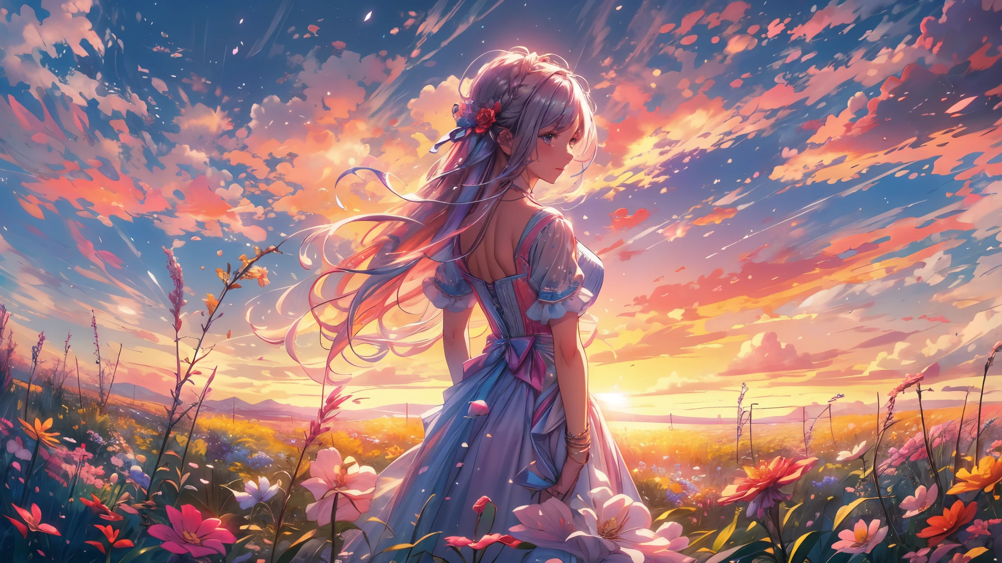 A stunning wide view image of an anime Young woman looking at the vast plain, countless of grass and colorful flowers, dreamlike sky, fluffy clouds, vibrant sunset colors, gentle breeze blowing through her hair, radiant smile on her face, elegant flowing dress, surrounded by a peaceful and enchanting atmosphere, soft natural light illuminating the scene, creating a magical and surreal ambiance. (best quality, ultra-detailed, photorealistic:1.37), anime style, pastel color palette, ethereal lighting