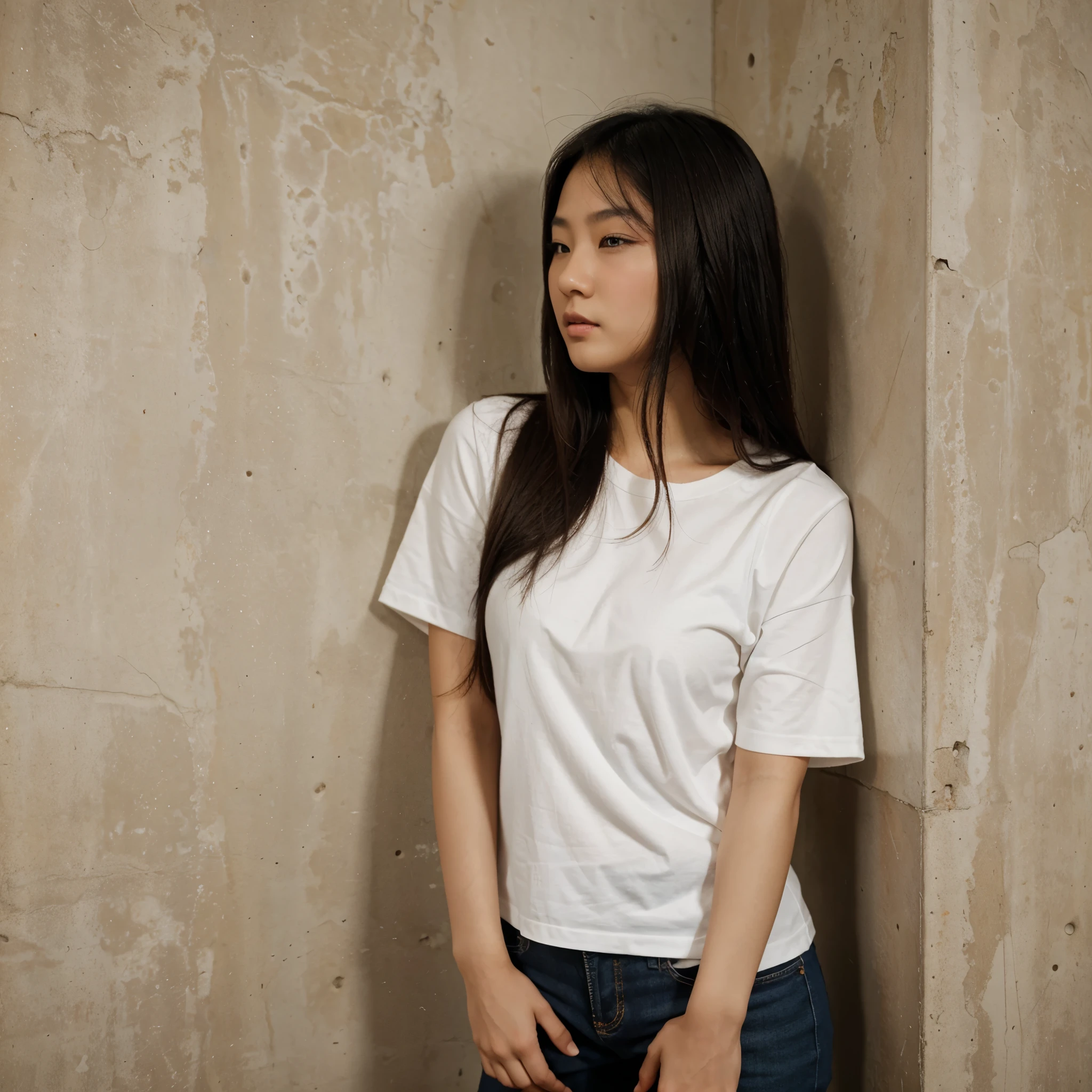 Beautiful Asian girl facing the wall in the corner