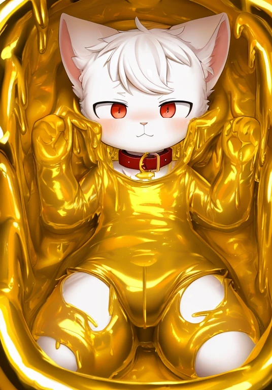 (best quality,4K,8k,highres,masterpiece:1.2),ultra-detailed,a male white cat wearing a diaper,collar,red pupils,cat ears,cat nose,immersing in golden slime,sinking into the slime,thighs covered in golden slime,golden slime
