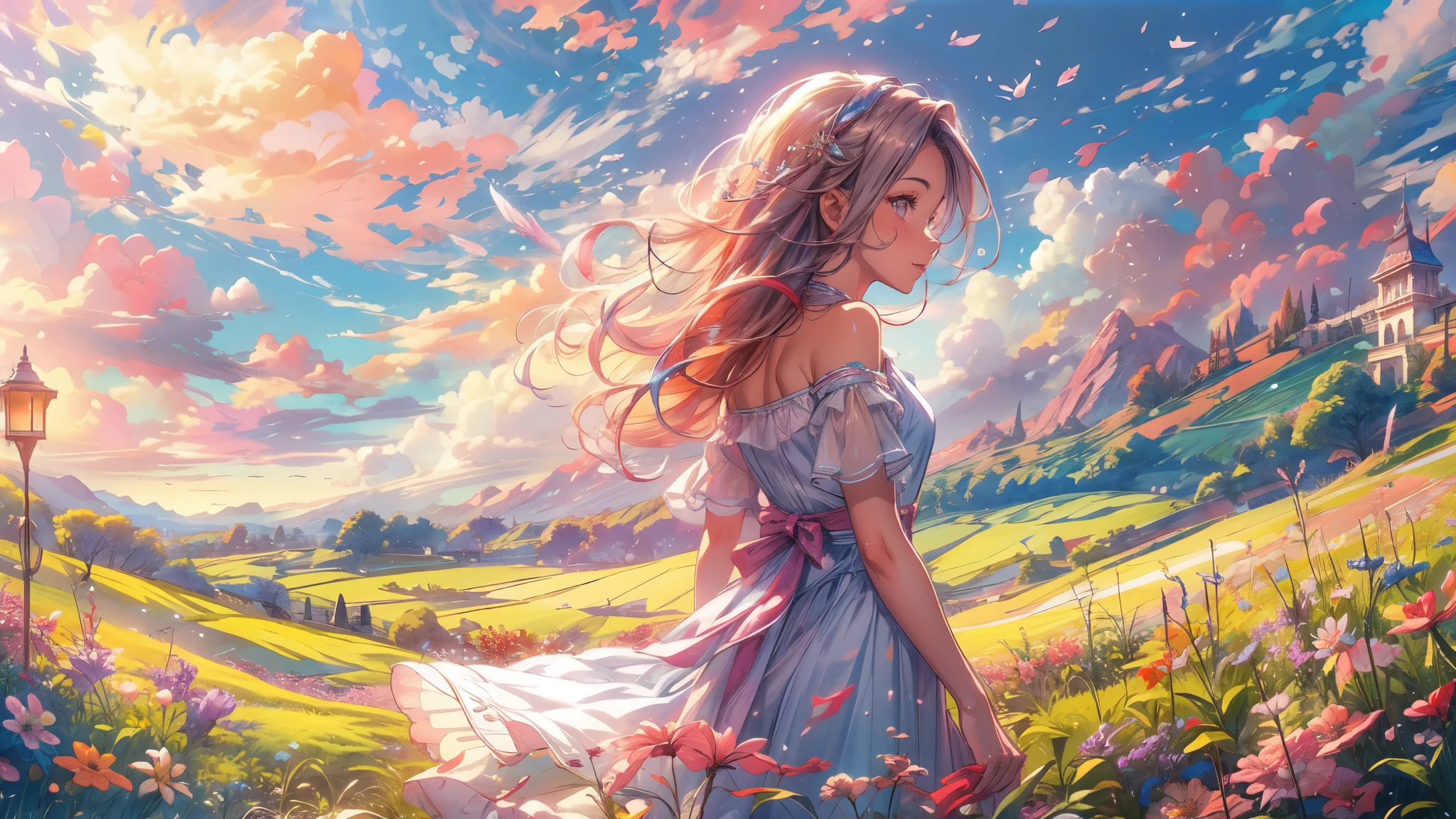 A stunning wide view image of an anime Young woman looking at the vast plain, countless of grass and colorful flowers, dreamlike sky, fluffy clouds, vibrant sunset colors, gentle breeze blowing through her hair, radiant smile on her face, elegant flowing dress, surrounded by a peaceful and enchanting atmosphere, soft natural light illuminating the scene, creating a magical and surreal ambiance. (best quality, ultra-detailed, photorealistic:1.37), anime style, pastel color palette, ethereal lighting