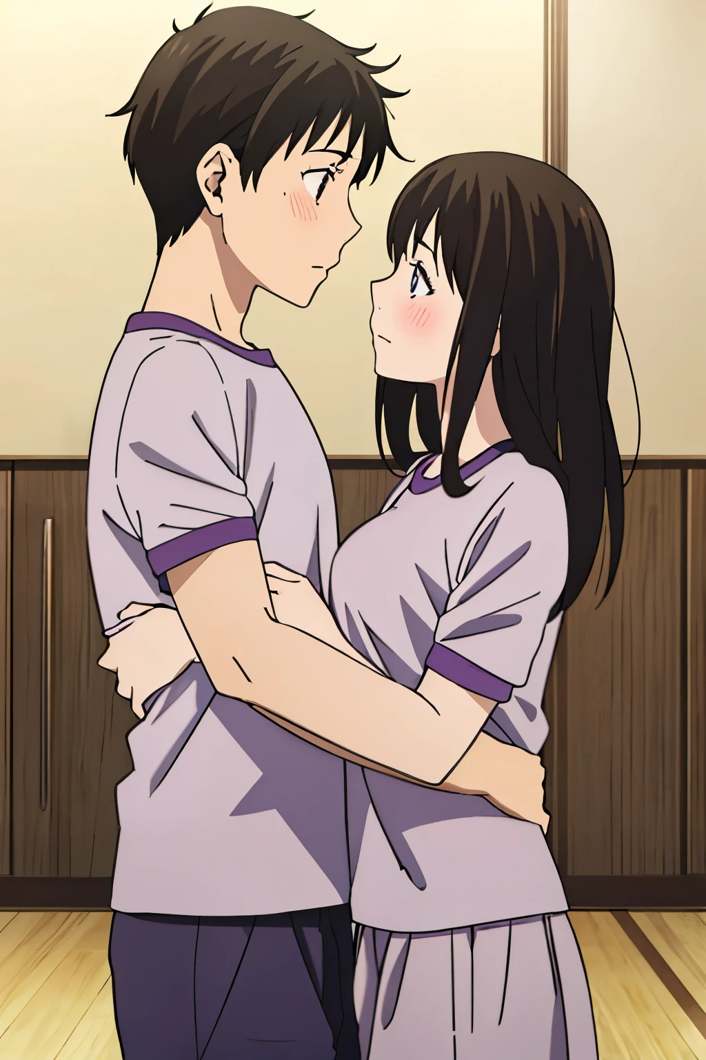 1boy, buzzcut, 1girl, bangs, black hair, blush, medium breast, gym short sleeve white shirt, gym shorts, face to face, boy hold girl's shoulder ,cute, couple, adorable, forced kiss, purple eyes, cowboyshot, upper body, boy hold girl's arms