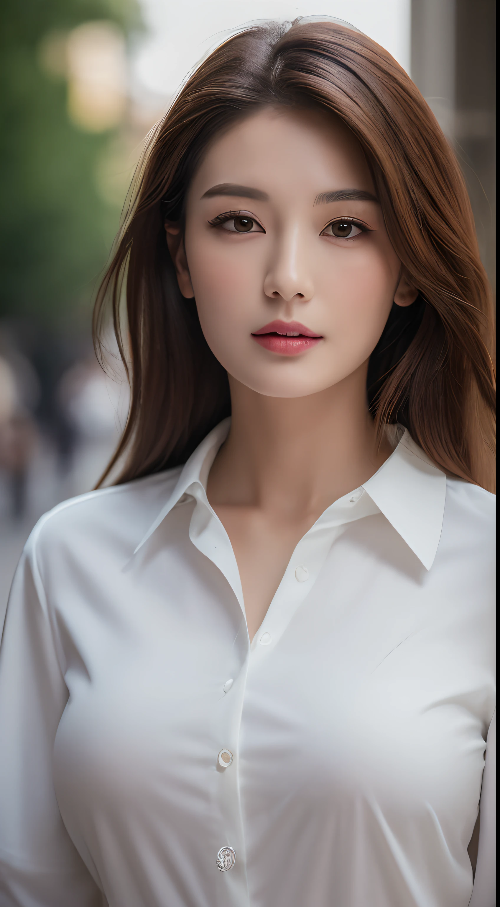 ((Best quality, 8k, Masterpiece :1.3)), Sharp focus :1.2, A pretty woman with perfect figure :1.4, Slender abs :1.2, ((Dark brown hair, Big breasts :1.2)), (White button up long shirt :1.1), City street:1.2, Highly detailed face and skin texture, Detailed eyes, Double eyelid