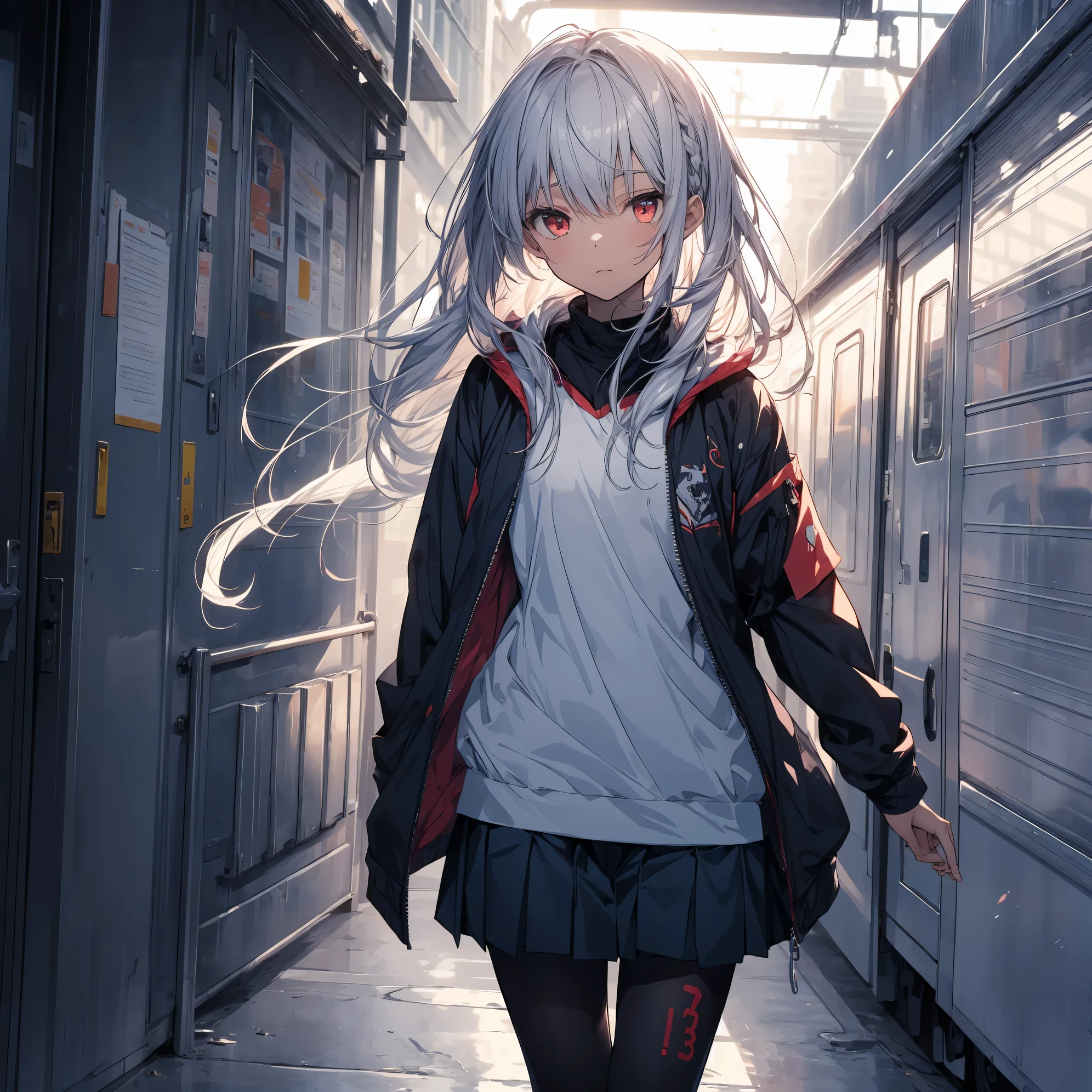 Super high quality by the art god, super detailed, High resolution, Komaeda Nagitofu, anime moe art style, best anime 8K konachan wallpaper, pixiv contest winner, perfect anatomy, break,(眠そうにalone学校へ行く女の子を描いてください. ),break, surreal high school girl, (alone,change, child,:1.3),All limbs, full finger,Middle schookin))), androgynous charm, (silver hair), messy hair, Ahoge, flat and soft chest, small ass, between legs, small eyes,beautiful detailed red eyes, Well-proportioned iris and pupils, High resolutionの詳細な髪, sailor suit, (skirt), On the way to school. break,super dense skin, Best lighting by famous artists, 8K, figure,