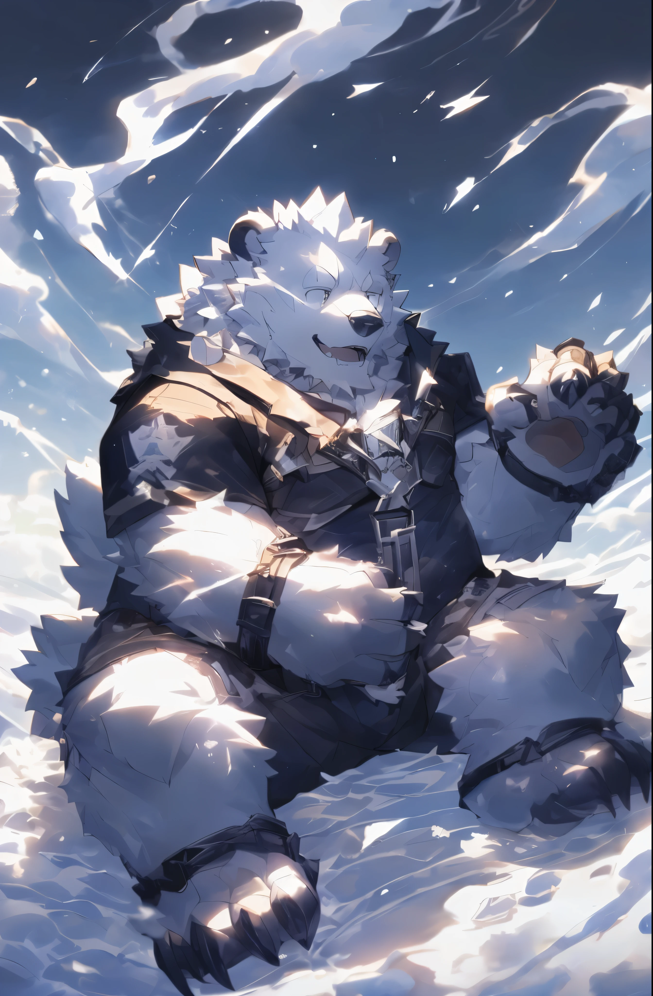 Yo Huck, alone, canine, mammal, white body, white fur, blue eyes, OK Bandage, Tail, One-piece Pants, Superheroes, Hand ornaments, Scout, Smile, blush, (((damaged clothes:1.3))), Belly leakage,Put your hands on your belly, looking at the audience, beep, Solid, (Lying in bed), in, First-person perspective, in front of, Front view, through empty ghost, by 96panda,
