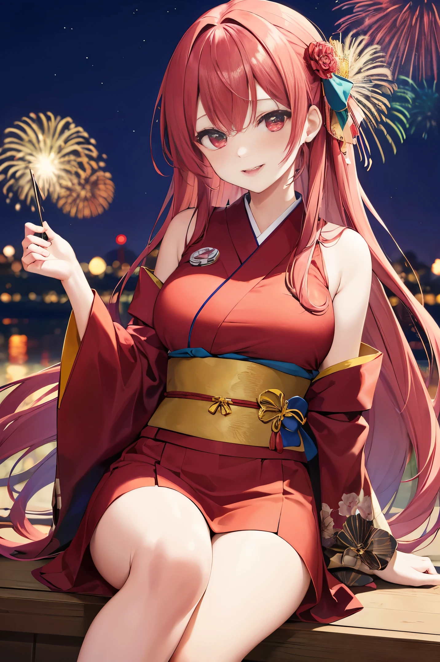 "anime girl, 1 person, red hair, shoulder length hair, dark red eyes, wearing flower hairpin, female kimono, red kimono with gold border pattern, big breasts, long stockings, blushing smile, standing still cross-legged, solo, view from different angles, festival, New Year's Eve fireworks, fireworks viewing, night (full HD 4K+ image)"