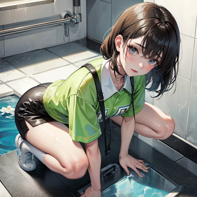 korean k pop star, oily tits, soap, wet, sweaty, high detail, uhd, high resolution, high resolution texture, crouching on the floor, showering