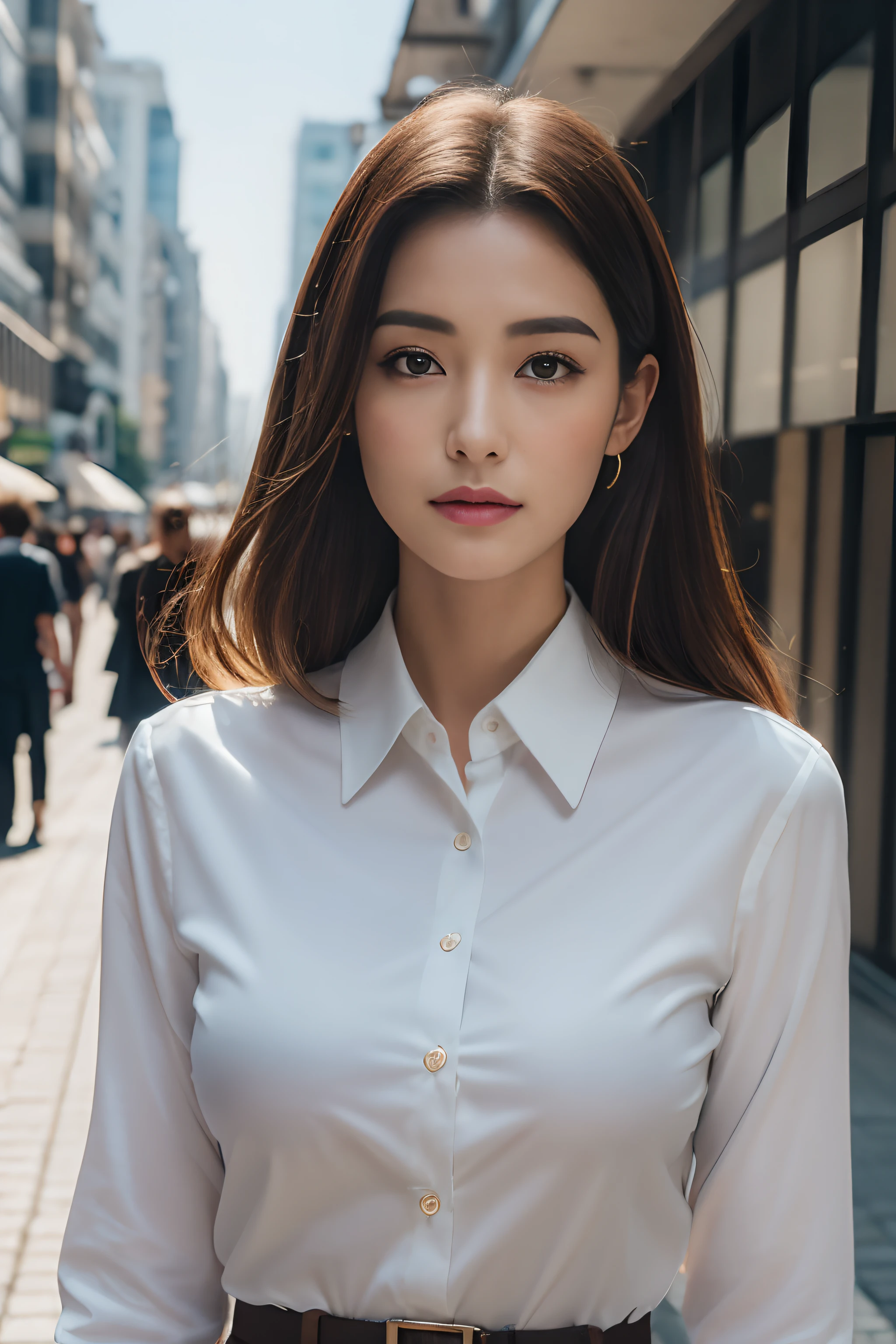 ((Best quality, 8K, Masterpiece :1.3)), Sharp focus :1.2, perfect figure beautiful woman:1.4, Slim abs:1.2, ((dark brown hair, huge tit:1.2)), White collared shirt,Not exposed,(Natural light, the city street:1.1), Highly detailed facial and skin texture,A detailed eye,二重まぶた