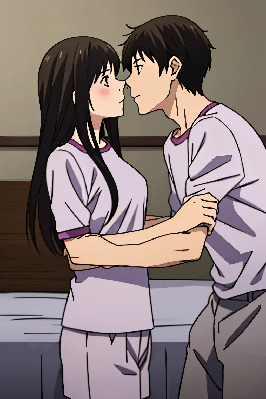 1boy, buzzcut, 1girl, bangs, black hair, blush, medium breast, gym short sleeve white shirt, gym shorts, face to face, boy hold girl shoulder ,cute, couple, adorable, forced kiss, purple eyes, cowboyshot, upper body, holding on another one's hand, hugs, holding with another one's hand, indoor, bed, bedroom, hug, grab, touch chest, grab chest, lick chest, passionate hug, hug chest, lie on bed, 