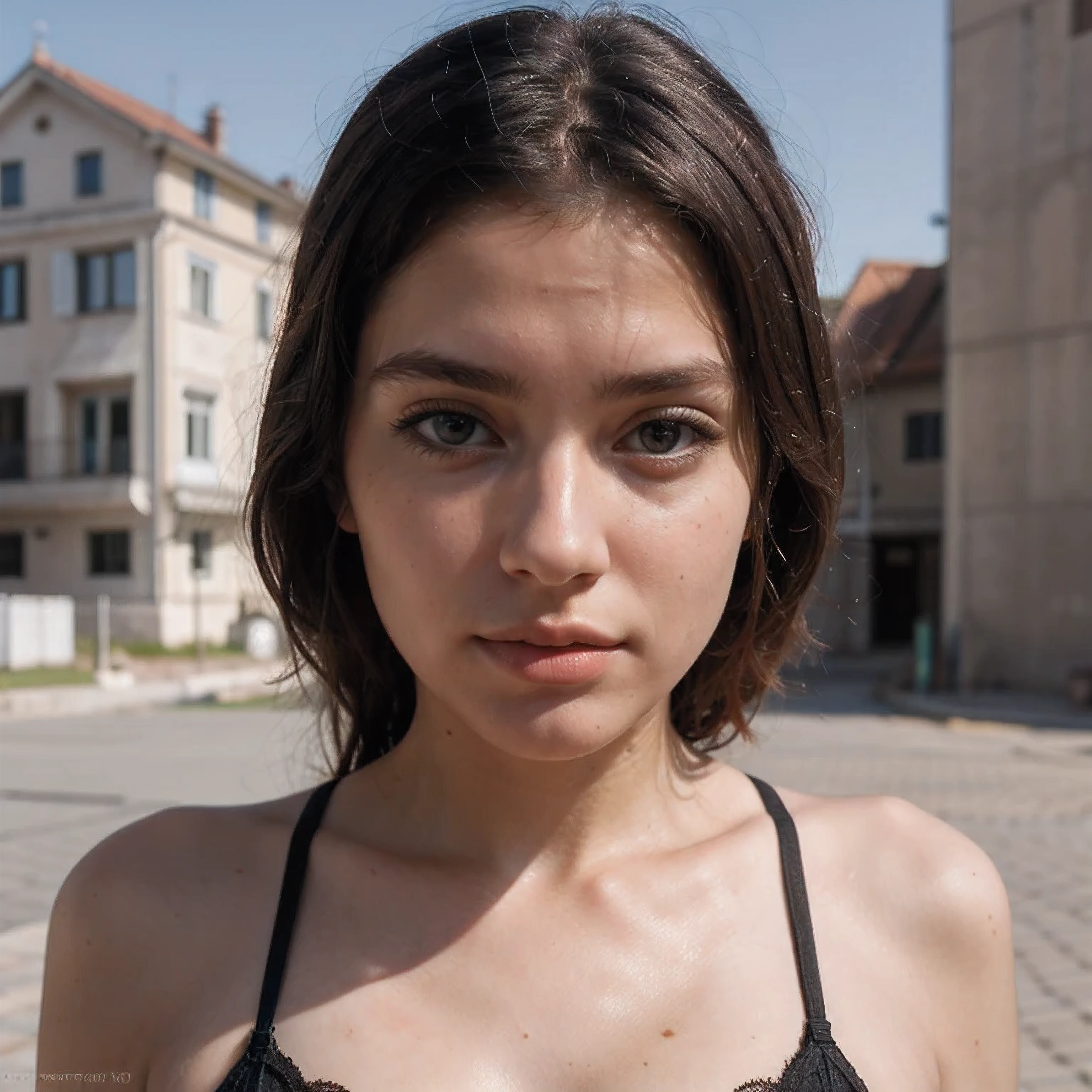 gleiches Remake, Photo of a 20 year old woman, ultradetaillierte Texturen, ultradetaillierte Haut, ultradetailliertes Gesicht, ultra detailed body, Hintergrund verwischen, Verwenden Sie dasselbe Gesicht, Meisterwerk, auf einer Baustelle in Kroatien, Sexy darunter, half-finished building in the background