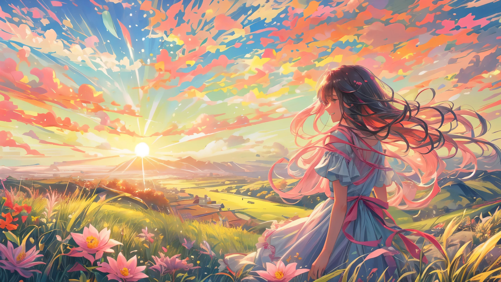 A stunning wide view image of an anime Young woman looking at the vast plain, countless of grass and colorful flowers, dreamlike sky, fluffy clouds, vibrant sunset colors, gentle breeze blowing through her hair, radiant smile on her face, elegant flowing dress, surrounded by a peaceful and enchanting atmosphere, soft natural light illuminating the scene, creating a magical and surreal ambiance. (best quality, ultra-detailed, photorealistic:1.37), anime style, pastel color palette, ethereal lighting