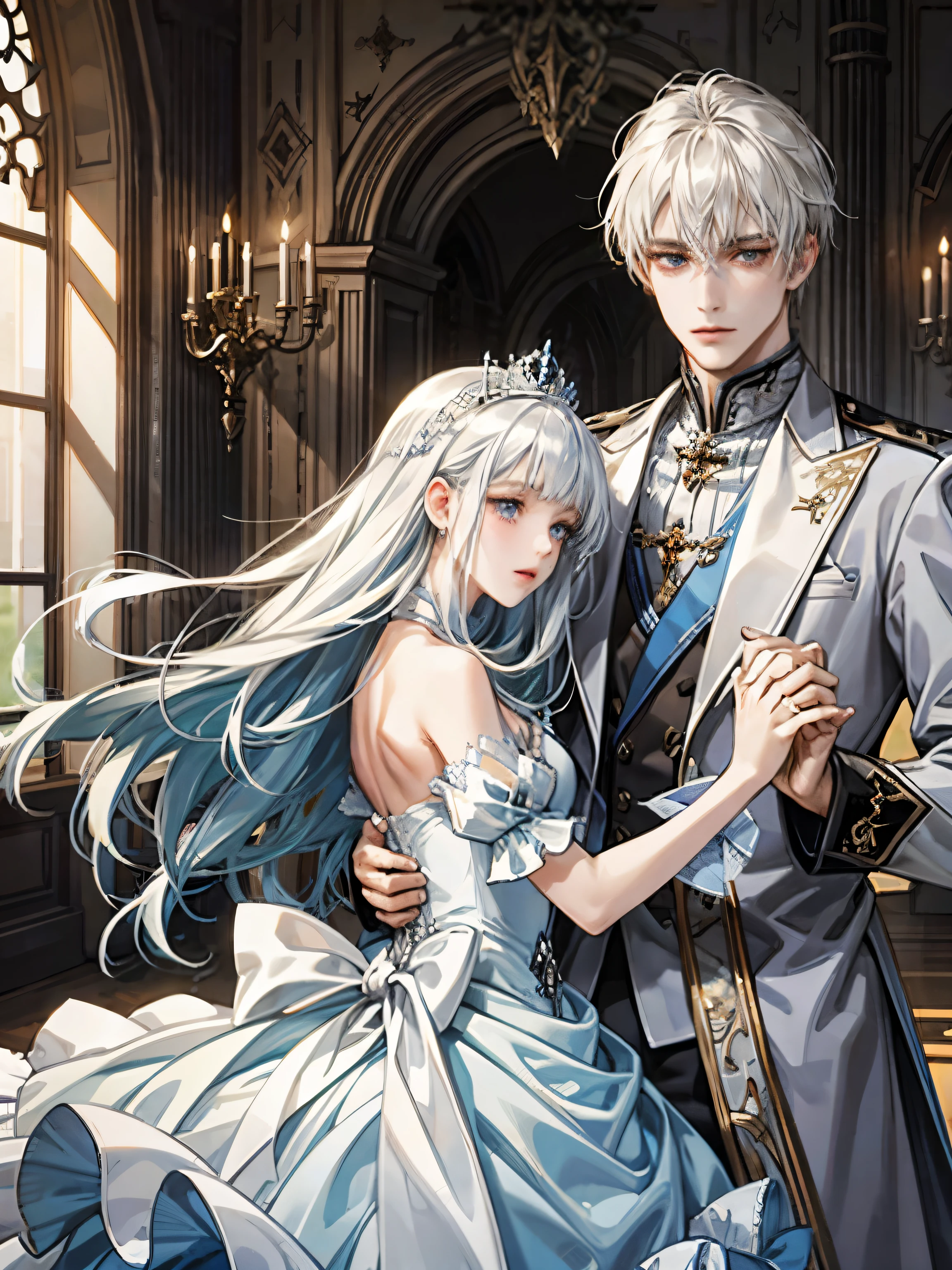 ((highest quality))、((masterpiece)) White and blue princess dresses、light、Girl with long white hair、palace、wonderful、happy man and woman dancing waltz、blonde guy、detailed face、Woman with white hair、High resolution、The face becomes clearer、party、Princes and princesses、Men with short hair、city、最High resolution、A world of just the two of us、soft touch