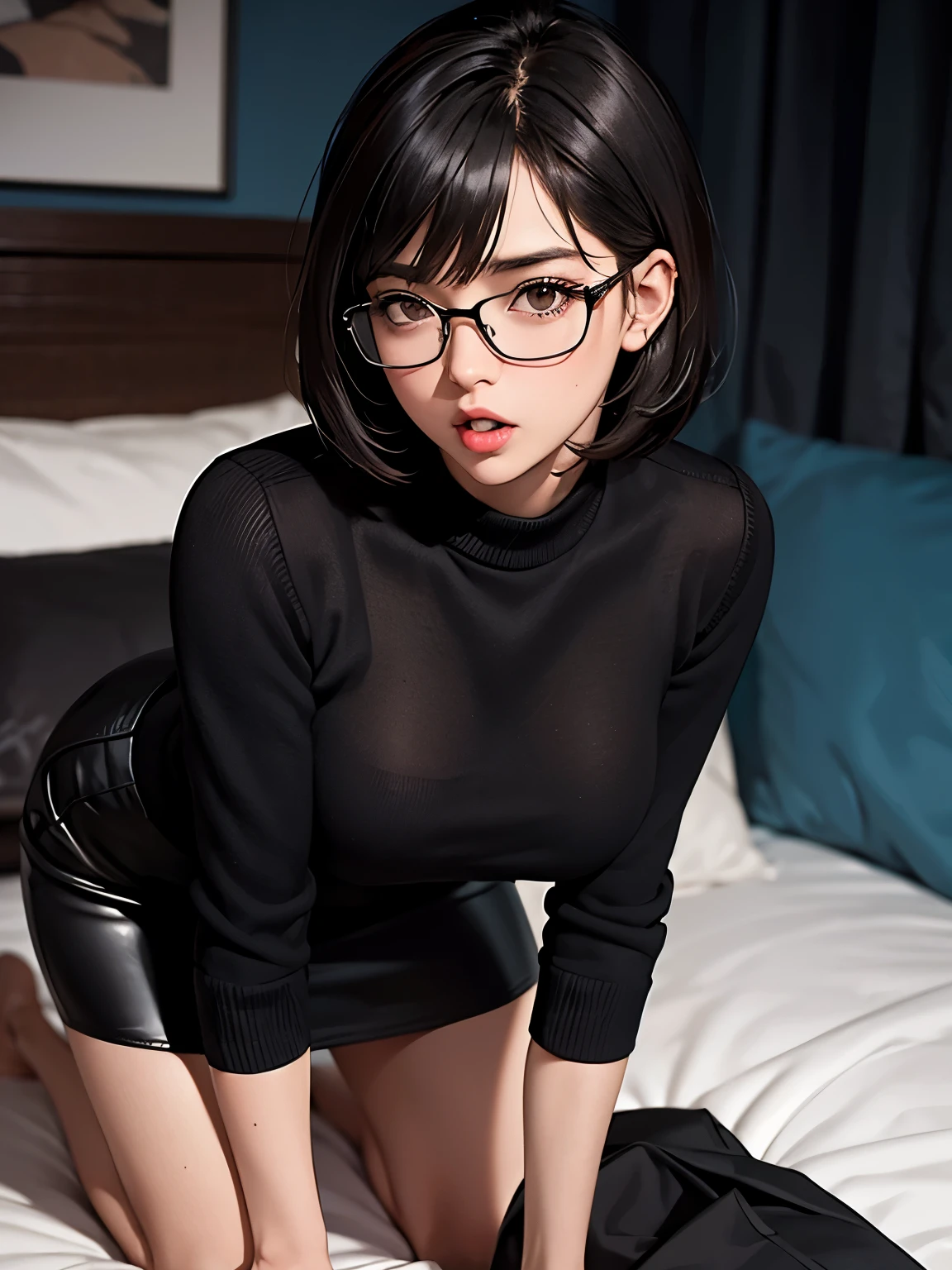 black short bob, medium breast, brown eyes, adult lady, black tight sweater, black tight skirt,black glasses, add detail, masterpiece,on all fours on the bed,embarrassed,flushed cheek,open mouth, shiny skin, shiny body, 1girl