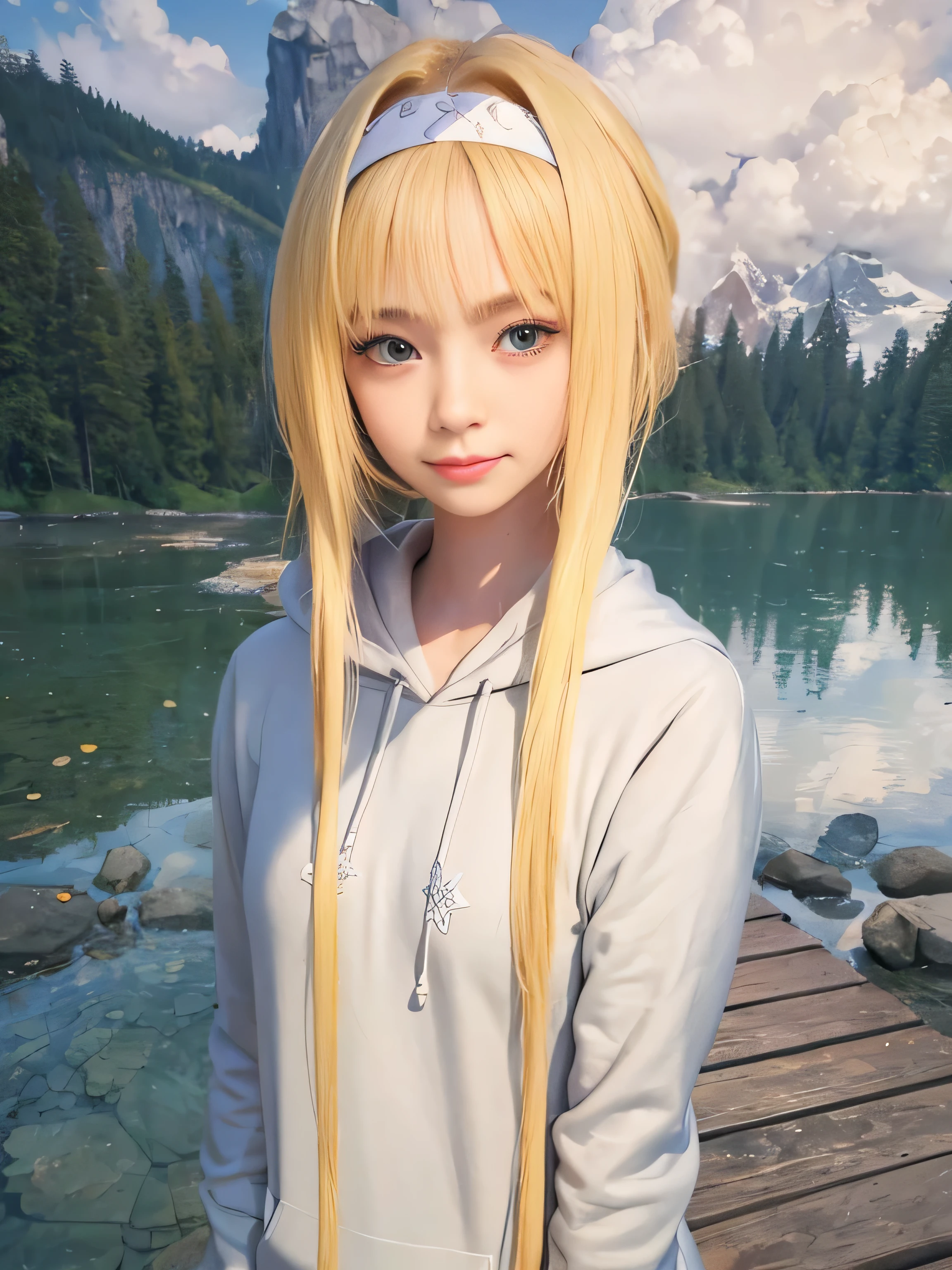 masterpiece, best quality, (realistic,photo-realistic:1.4), (RAW photo:1.2), extremely detailed CG unity 8k wallpaper, delicate and beautiful, amazing,finely detail, official art, absurdres, incredibly absurdres, huge filesize, ultra-detailed,extremely detailed eyes and face,light on face,little smile,blonde hair,very long hair,city,alice zuberg,(wearing hoodies:1.4),(white hairband:1.4),lake,wooden bridge,sunset