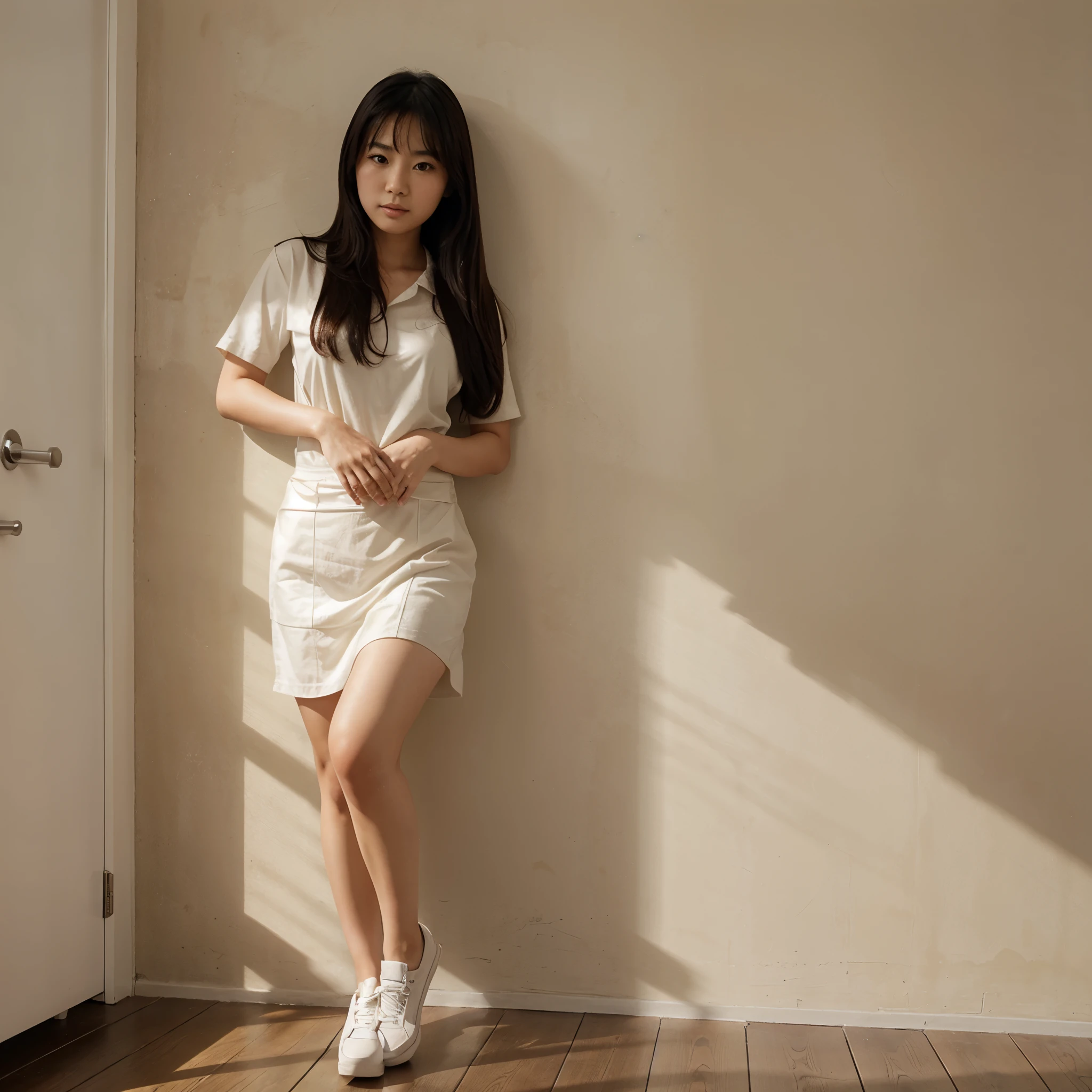 Beautiful Asian girl standing pressed against the wall in the corner