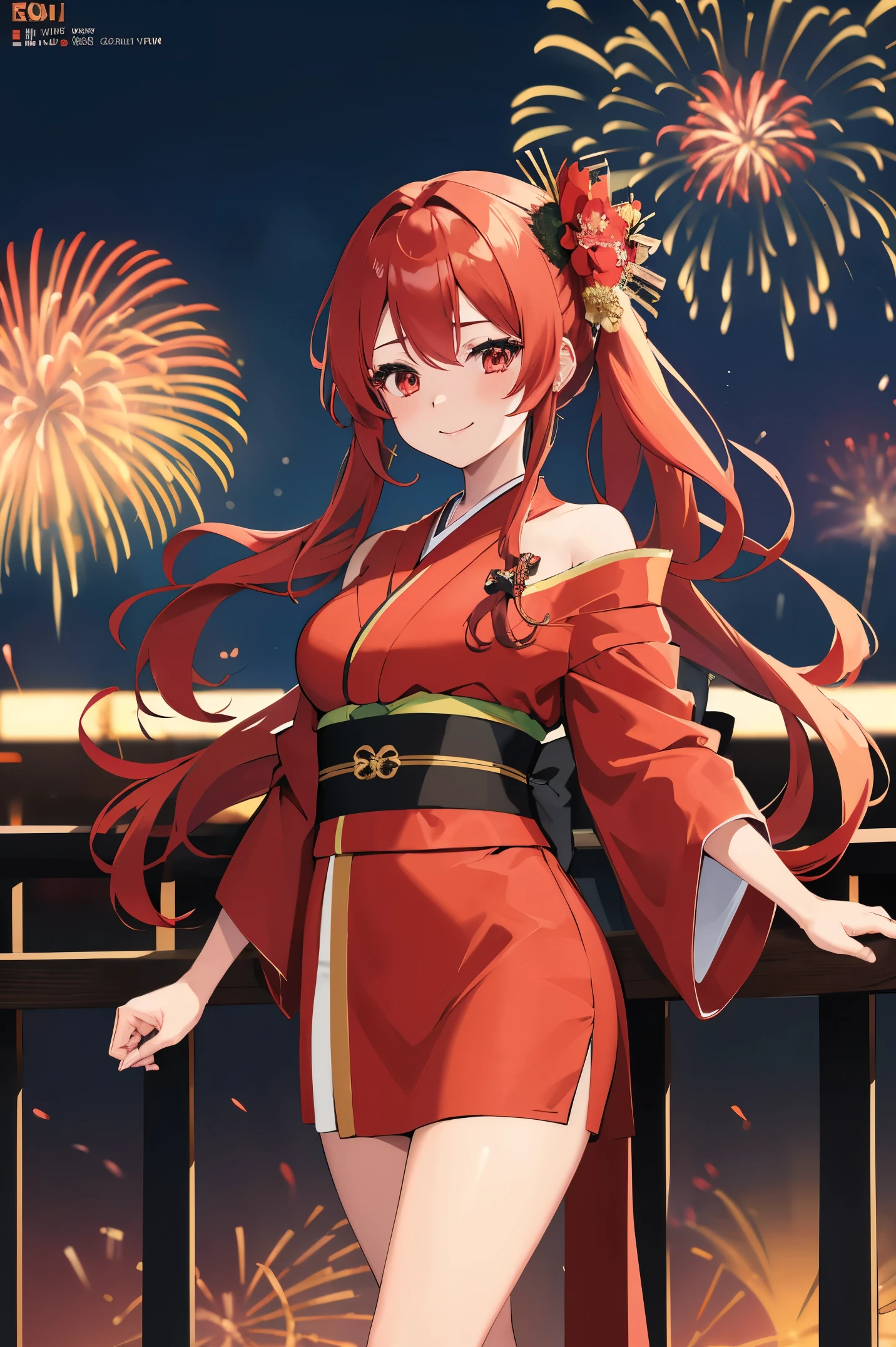 "anime girl, 1 person, red hair, shoulder length hair, dark red eyes, wearing flower hairpin, female kimono, red kimono with gold border pattern, big breasts, long stockings, blushing smile, standing still cross-legged, solo, view from different angles, festival, New Year's Eve fireworks, fireworks viewing, night (full HD 4K+ image)"