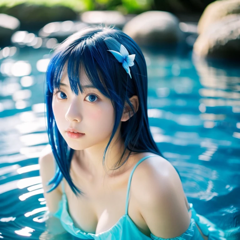 Very cute 22 years old,Big TitsFull Body,long hair,(Blue-purple hair 1.4),(Shiny micro bikini),Height: 178cm,(After swimming:1.4),Swimming goggles