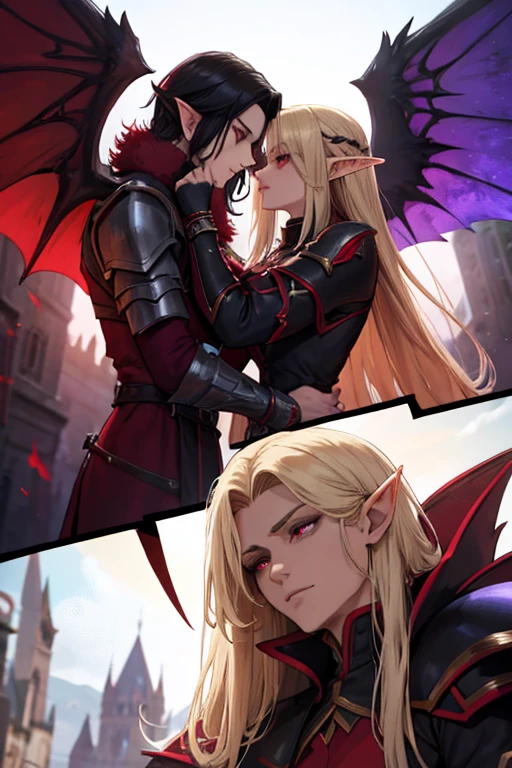 a female adult elf with weavy darkblonde hair visible forehead and demon wings wearing female purple armor next to a male very masculine male elf with long raven black hair and red eyes wearing red armor, dark atmosphere, couple