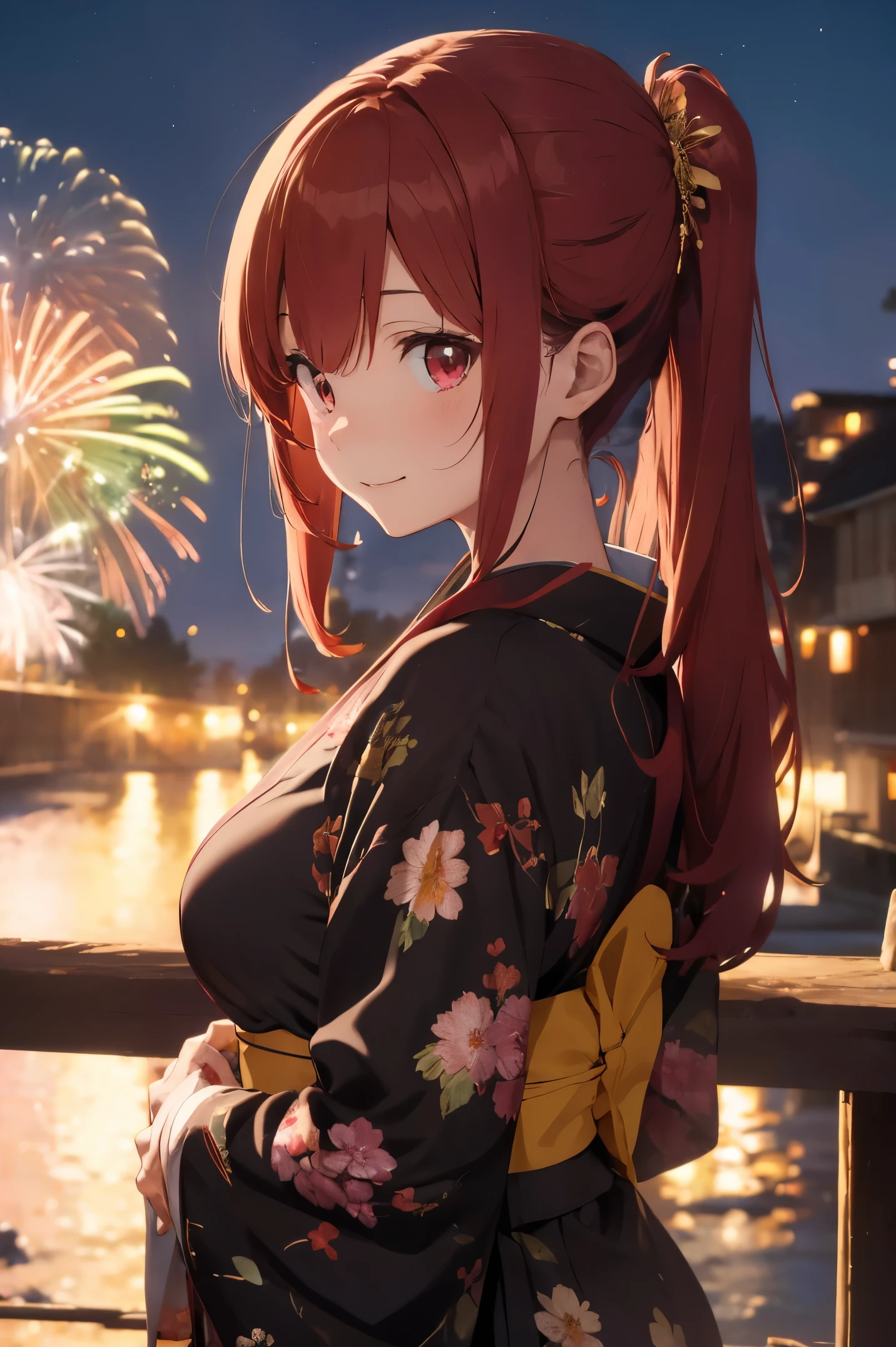 "anime girl, 1 person, red hair, shoulder length hair, dark red eyes, wearing flower hairpin, female kimono, red kimono with gold border pattern, big breasts, long stockings, blushing smile, standing still  cross-legged, solo, view from different angles, festival, New Year's Eve fireworks, fireworks viewing, night (full HD 4K+ image)"