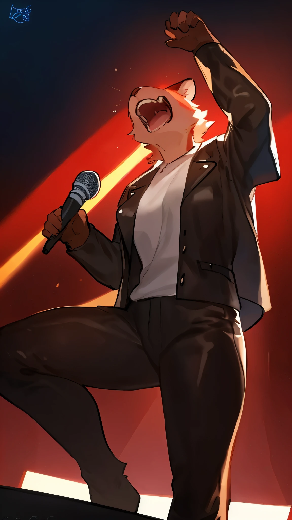 By bebebebebe, by lostgoose, by goonie-san, solo, female, standing, screaming, yelling, shouting into microphone, on stage, red lighting, dramatic lighting, leather