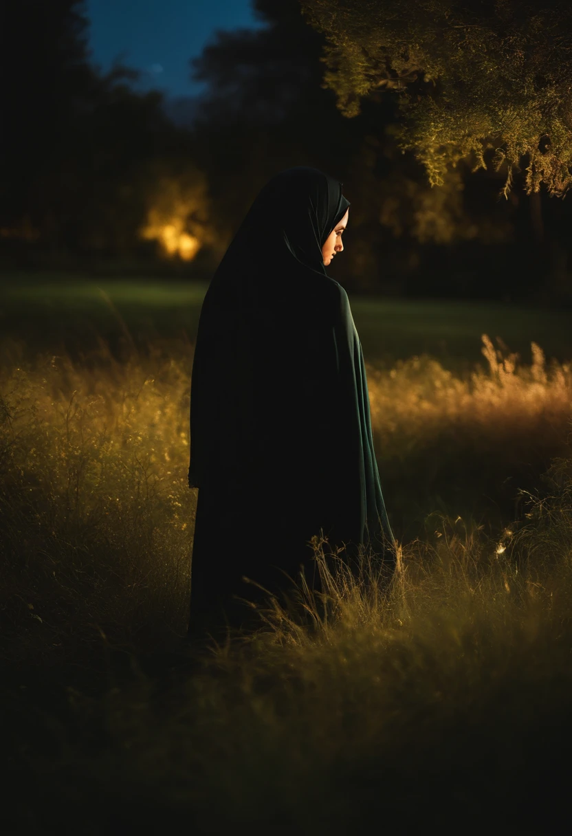 A girl wearing hijab stand on the grass, beautiful night, bright sky