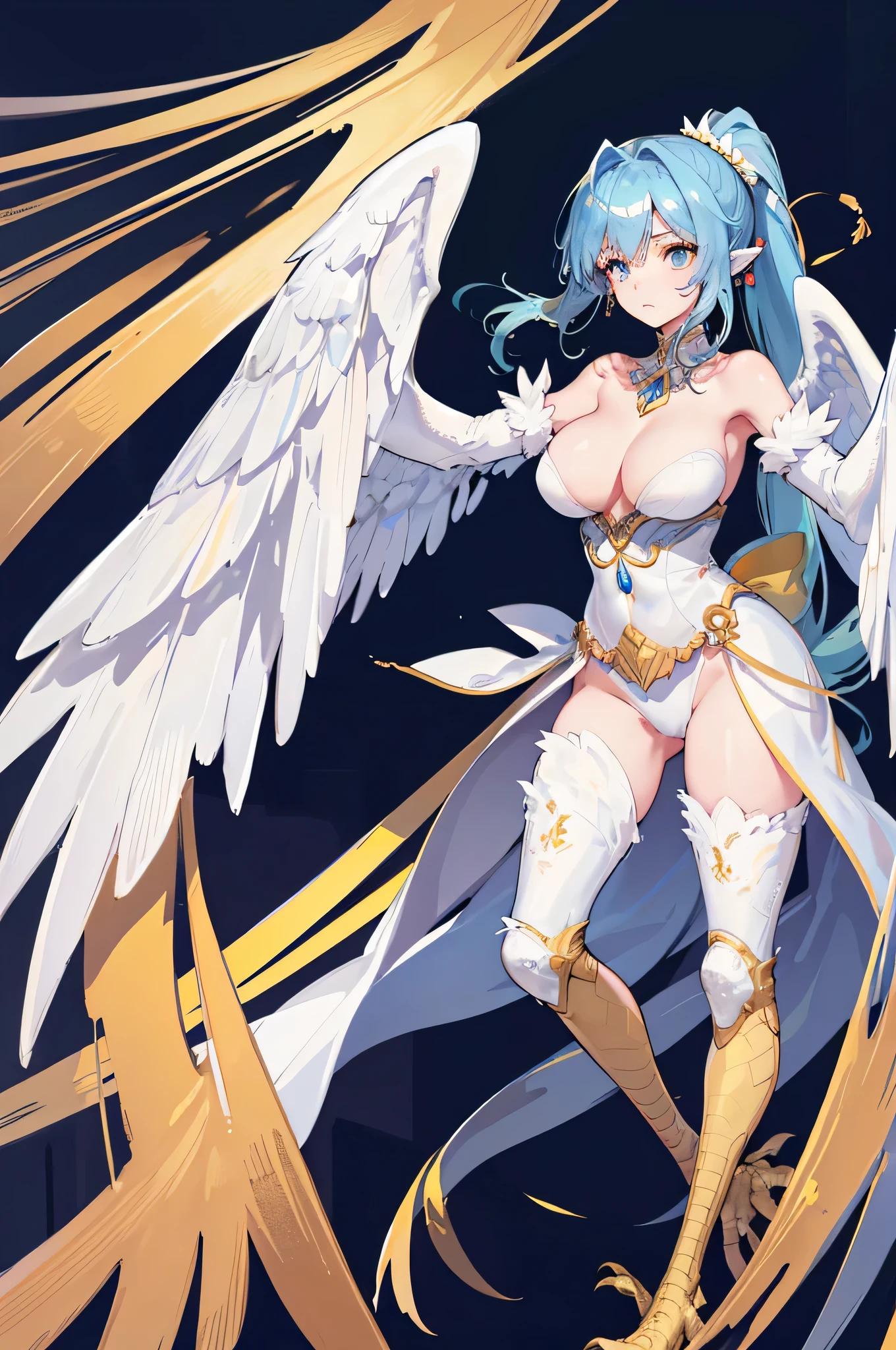 4K,High resolution,one woman,harpy,light blue hair,long ponytail,big breasts,white wings,golden toenails,goddess,white holy armor,winged hat,Jewelry Decoration,Temple in the Sky,night background