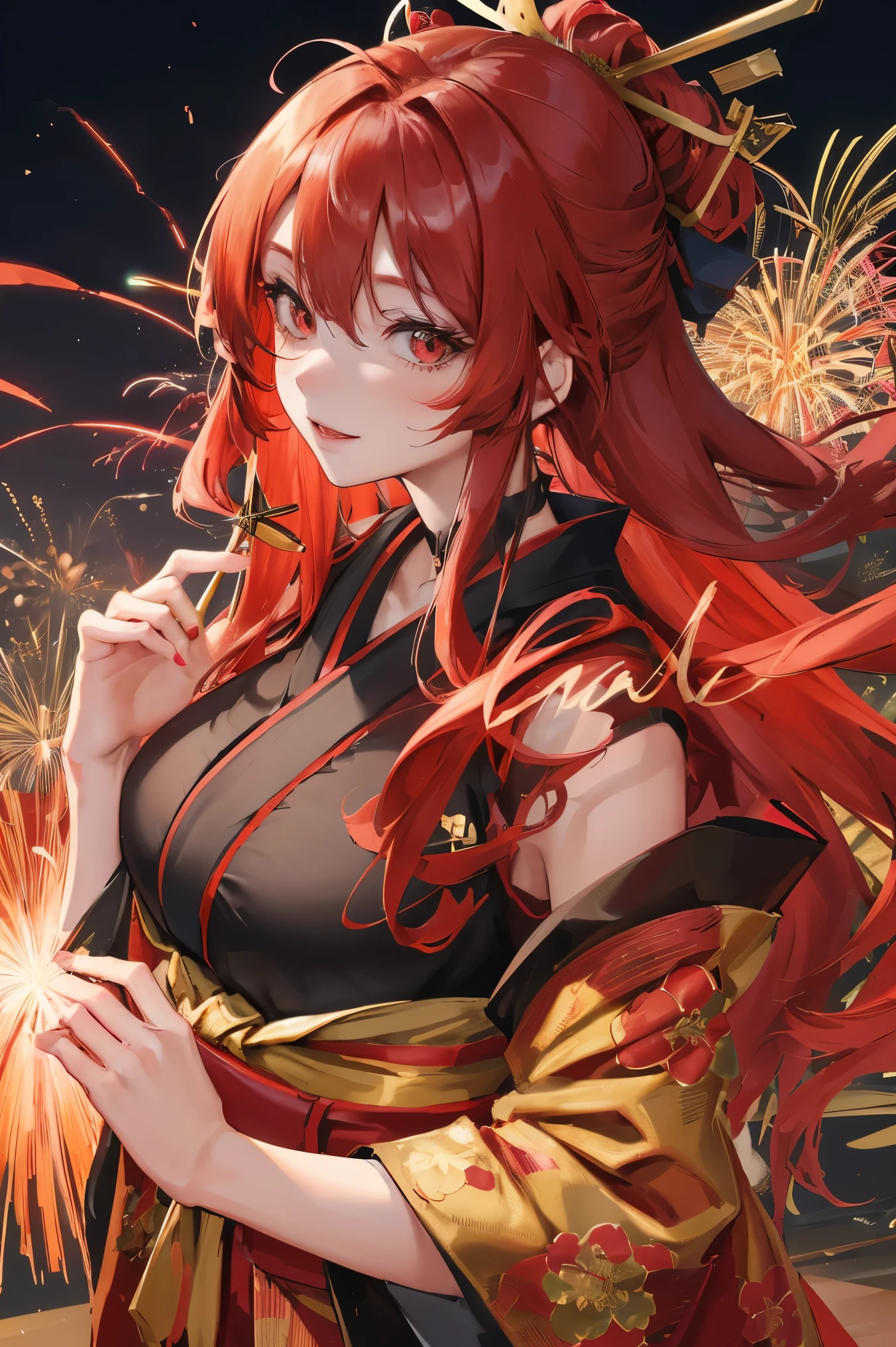 "anime girl, 1 person, red hair, shoulder length hair, dark red eyes, wearing flower hairpin, female kimono, red kimono with gold border pattern, big breasts, long stockings, blushing smile, standing still cross-legged, solo, view from different angles, festival, New Year's Eve fireworks, fireworks viewing, night (full HD 4K+ image)"