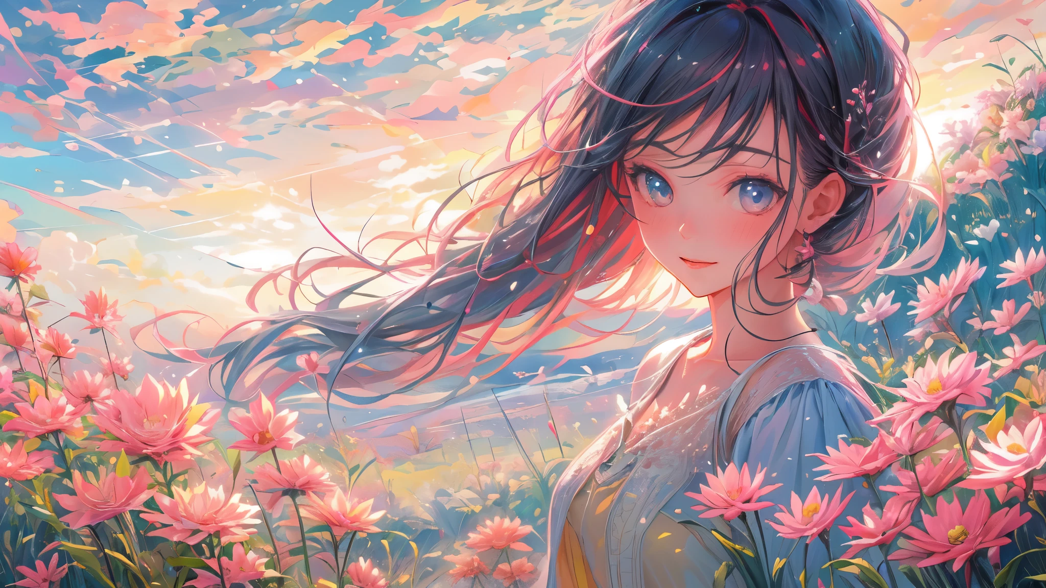 A stunning wide view image of an anime Young woman looking at the vast plain, countless of grass and colorful flowers, dreamlike sky, fluffy clouds, vibrant sunset colors, gentle breeze blowing through her hair, radiant smile on her face, elegant flowing dress, surrounded by a peaceful and enchanting atmosphere, soft natural light illuminating the scene, creating a magical and surreal ambiance. (best quality, ultra-detailed, photorealistic:1.37), anime style, pastel color palette, ethereal lighting