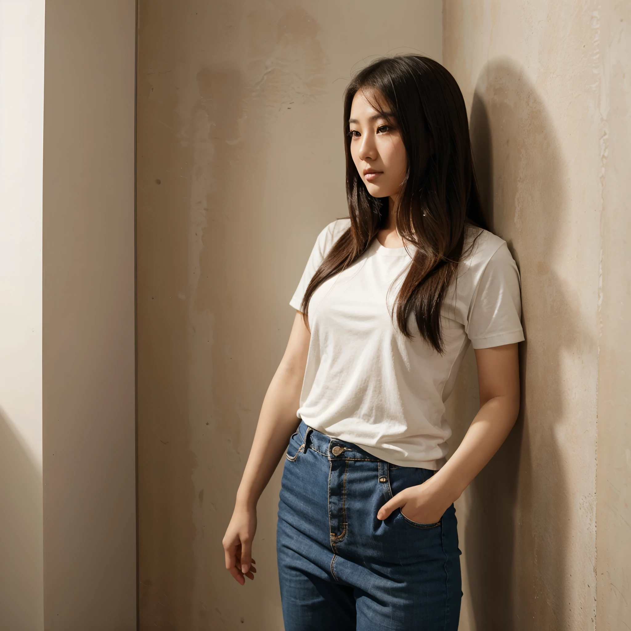 Beautiful Asian girl standing pressed against the wall in the corner