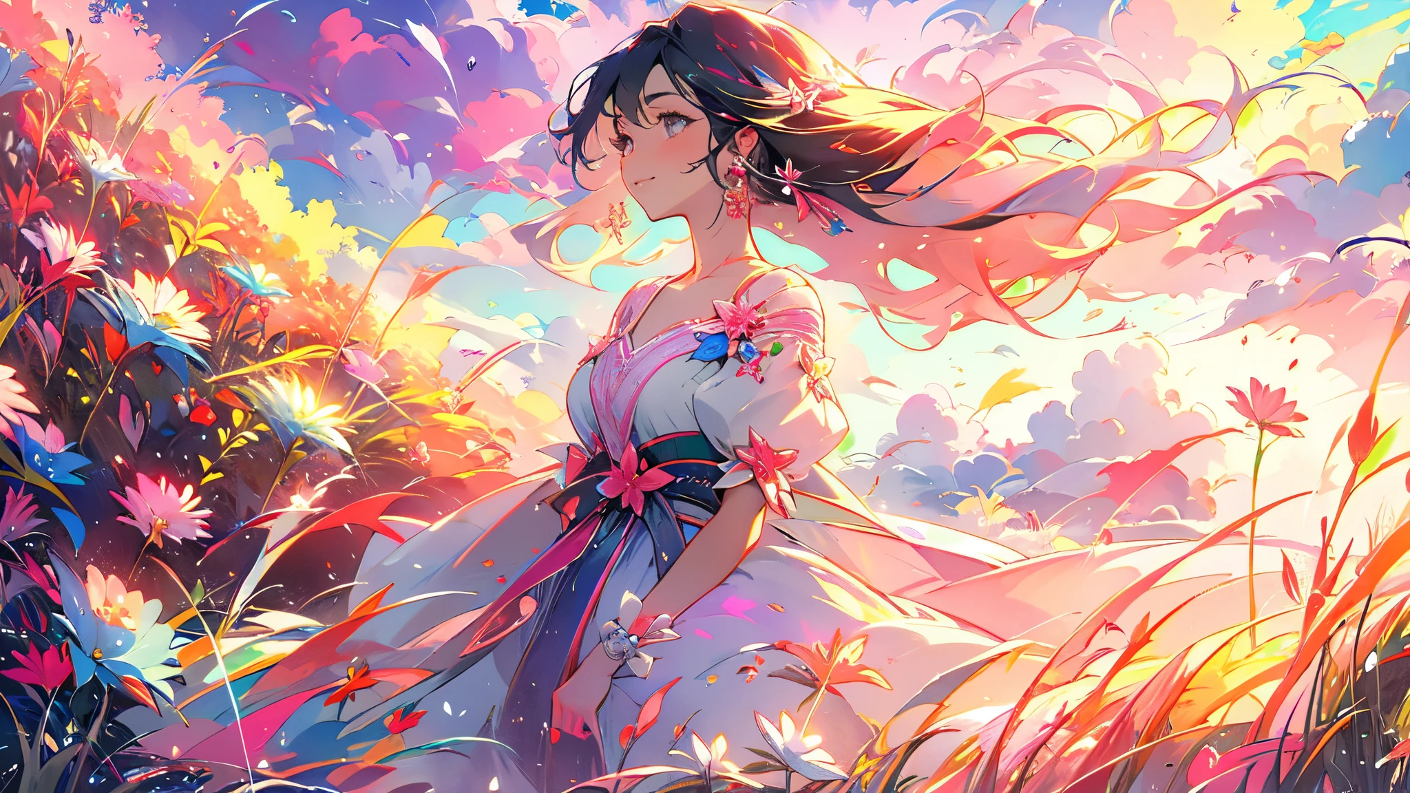 A stunning wide view image of an anime Young woman looking at the vast plain, countless of grass and colorful flowers, dreamlike sky, fluffy clouds, vibrant sunset colors, gentle breeze blowing through her hair, radiant smile on her face, elegant flowing dress, surrounded by a peaceful and enchanting atmosphere, soft natural light illuminating the scene, creating a magical and surreal ambiance. (best quality, ultra-detailed, photorealistic:1.37), anime style, pastel color palette, ethereal lighting