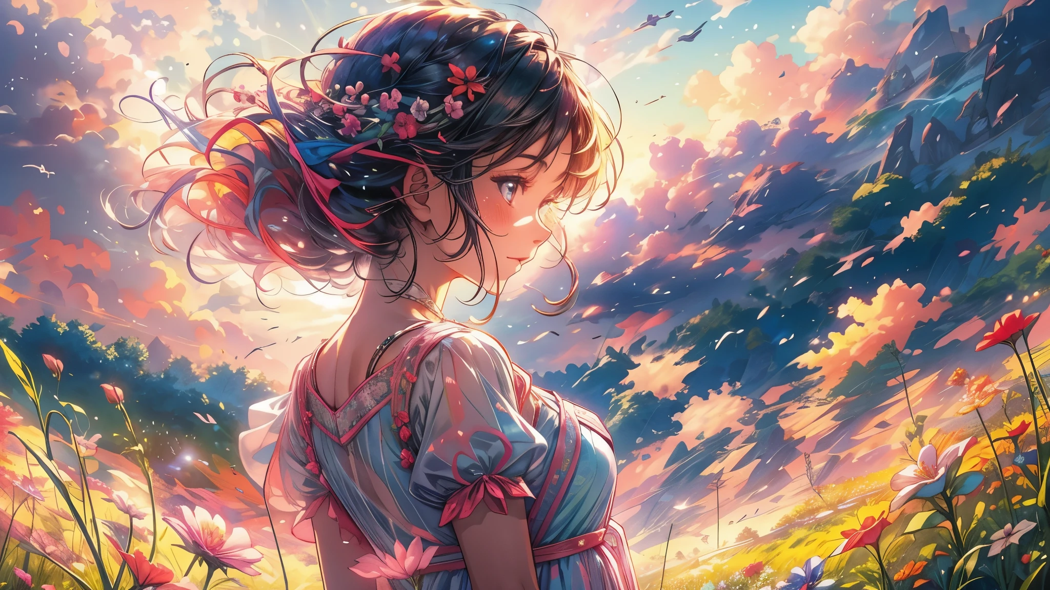 A stunning wide view image of an anime Young woman looking at the vast plain, countless of grass and colorful flowers, dreamlike sky, fluffy clouds, vibrant sunset colors, gentle breeze blowing through her hair, radiant smile on her face, elegant flowing dress, surrounded by a peaceful and enchanting atmosphere, soft natural light illuminating the scene, creating a magical and surreal ambiance. (best quality, ultra-detailed, photorealistic:1.37), anime style, pastel color palette, ethereal lighting