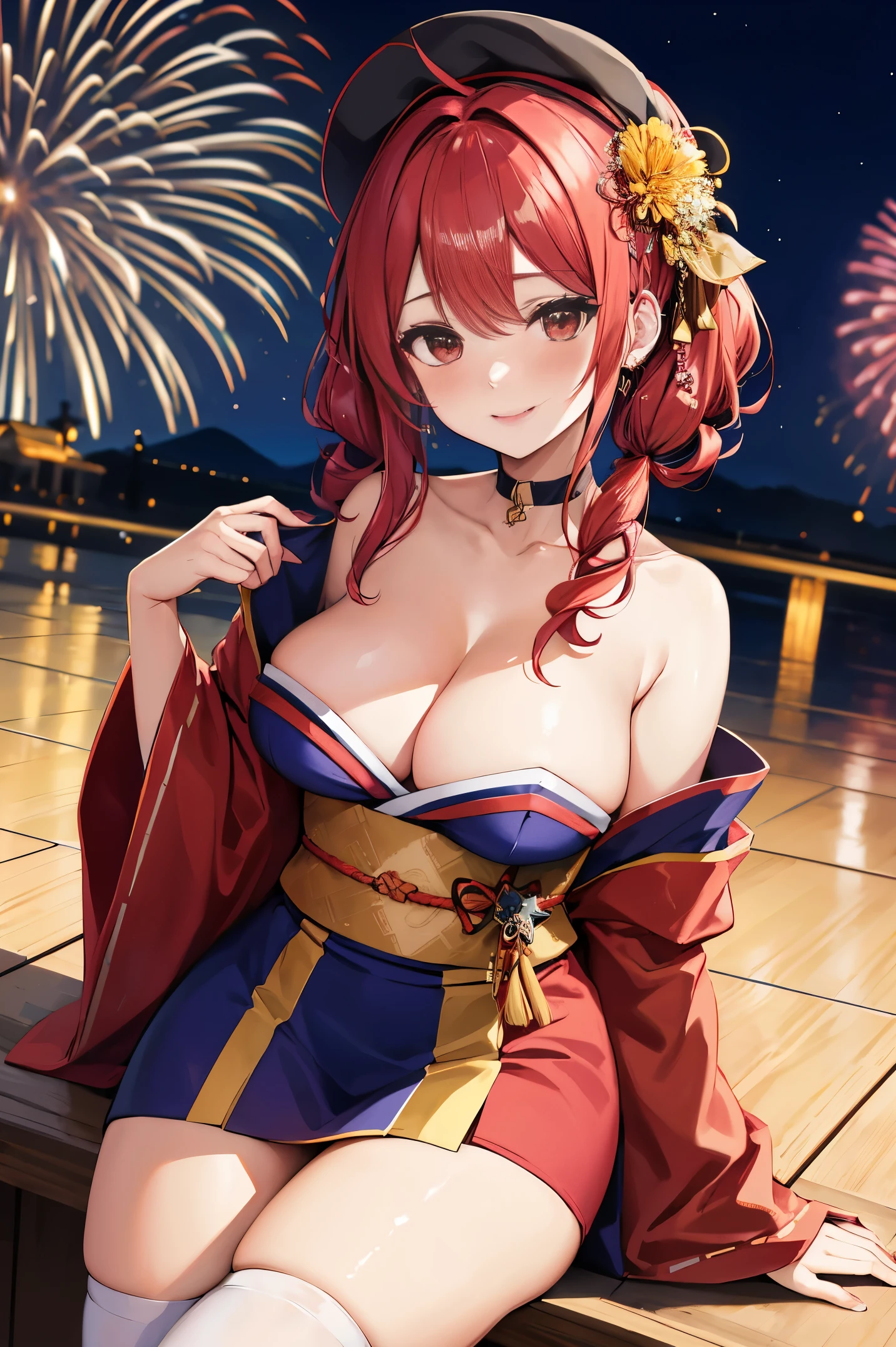 "anime girl, 1 person, red hair, shoulder length hair, dark red eyes, wearing flower hairpin, female kimono, red kimono with gold border pattern, big breasts, long stockings, blushing smile, standing still cross-legged, solo, view from different angles, festival, New Year's Eve fireworks, fireworks viewing, night (full HD 4K+ image)"