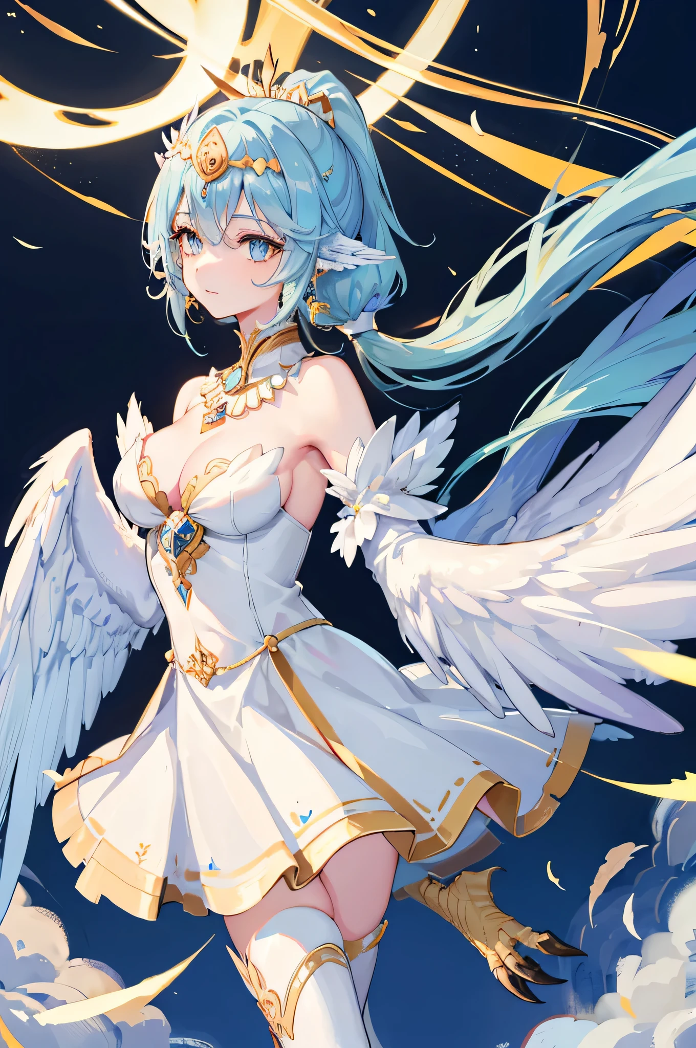 4K,High resolution,one woman,harpy,light blue hair,long ponytail,big breasts,white wings,golden toenails,goddess,goddessのドレス,winged hat,Jewelry Decoration,Temple in the Sky,night background