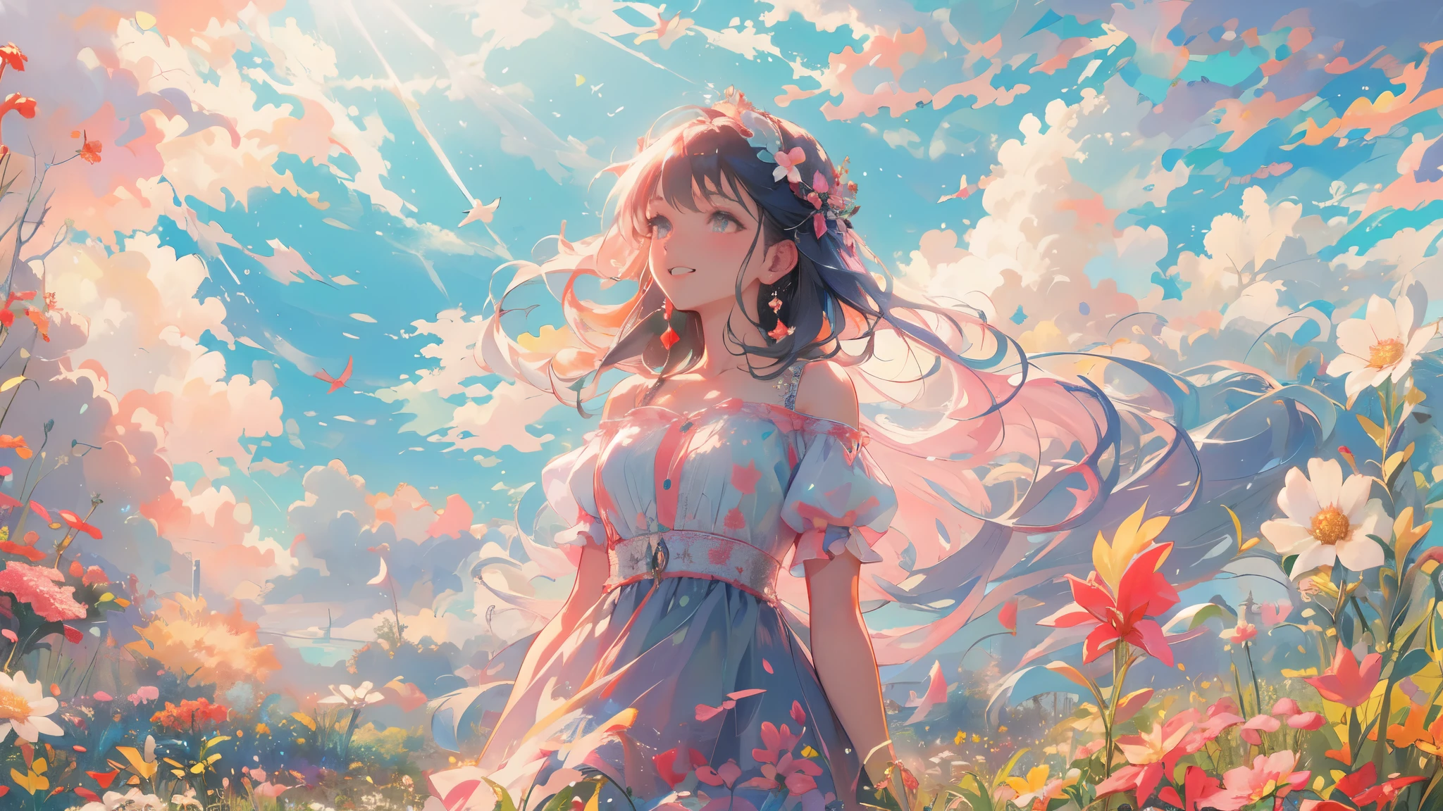 A stunning wide view image of an anime Young woman looking at the vast plain, countless of grass and colorful flowers, dreamlike sky, fluffy clouds, vibrant sunset colors, gentle breeze blowing through her hair, radiant smile on her face, elegant flowing dress, surrounded by a peaceful and enchanting atmosphere, soft natural light illuminating the scene, creating a magical and surreal ambiance. (best quality, ultra-detailed, photorealistic:1.37), anime style, pastel color palette, ethereal lighting