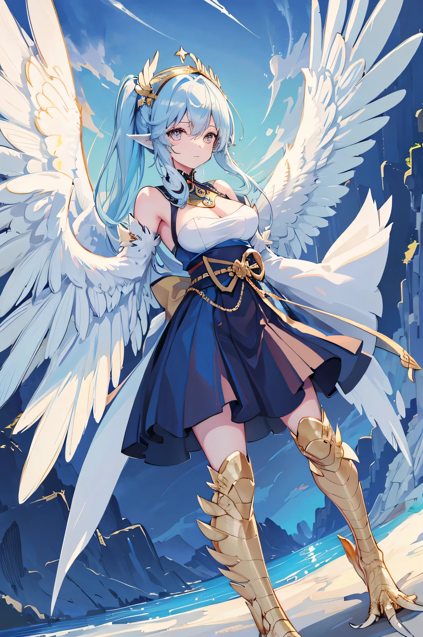 4K,High resolution,one woman,harpy,light blue hair,long ponytail,big breasts,white wings,golden toenails,goddess,goddessのドレス,winged hat,Jewelry Decoration,Temple in the Sky,night background