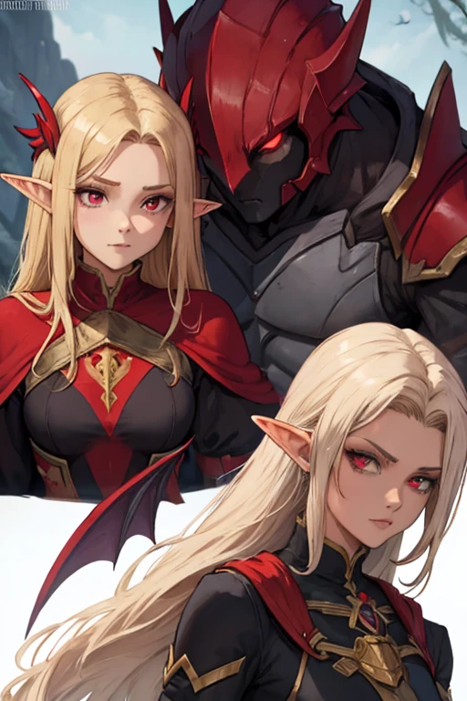 a female adult elf with weavy darkblonde hair visible forehead and demon wings wearing female purple armor next to a male very masculine male elf with beatutiful long dark black hair and red eyes wearing red armor, dark atmosphere, couple