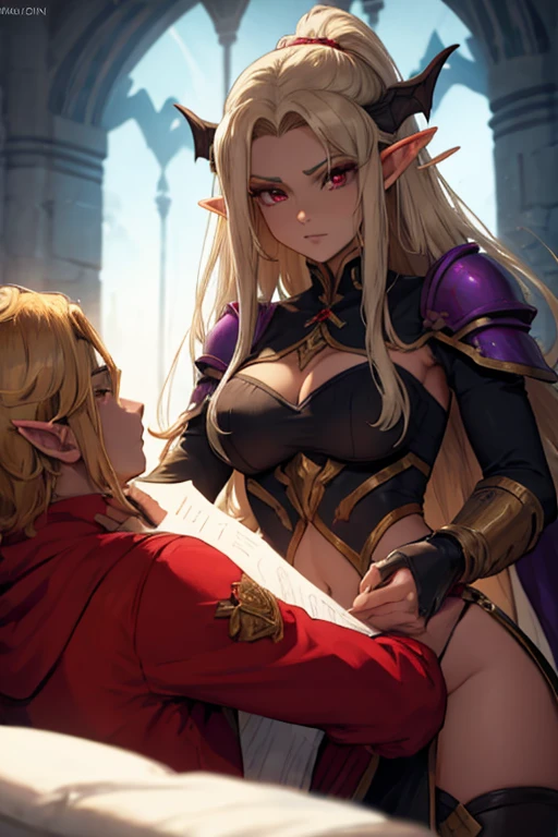 a female adult elf with weavy darkblonde hair visible forehead and demon wings wearing female purple armor next to a male very masculine male elf with very long black hair and red eyes wearing red armor, dark atmosphere, couple