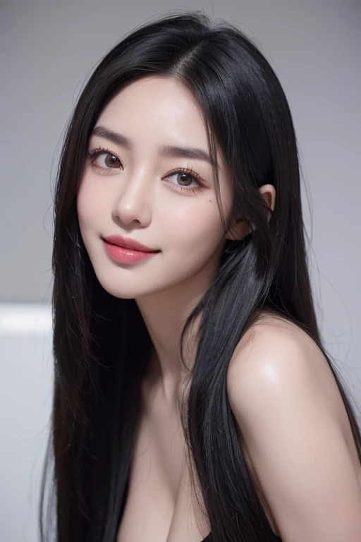 realistic, high resolution, 8k wallpapers, Complete dynamic configuration, restroom, beautiful detailed eyes, normal sized eyes, long straight hair, gray colored hair, vibrant lips, big bust, Random and plain generic poses, random case, random costumes, breast swelling, smile, 40 year old woman, Korean woman, (drooping eyes 1.2), (sagging eyebrows 1.2), very beautiful appearance, slim body, natural makeup, midnight