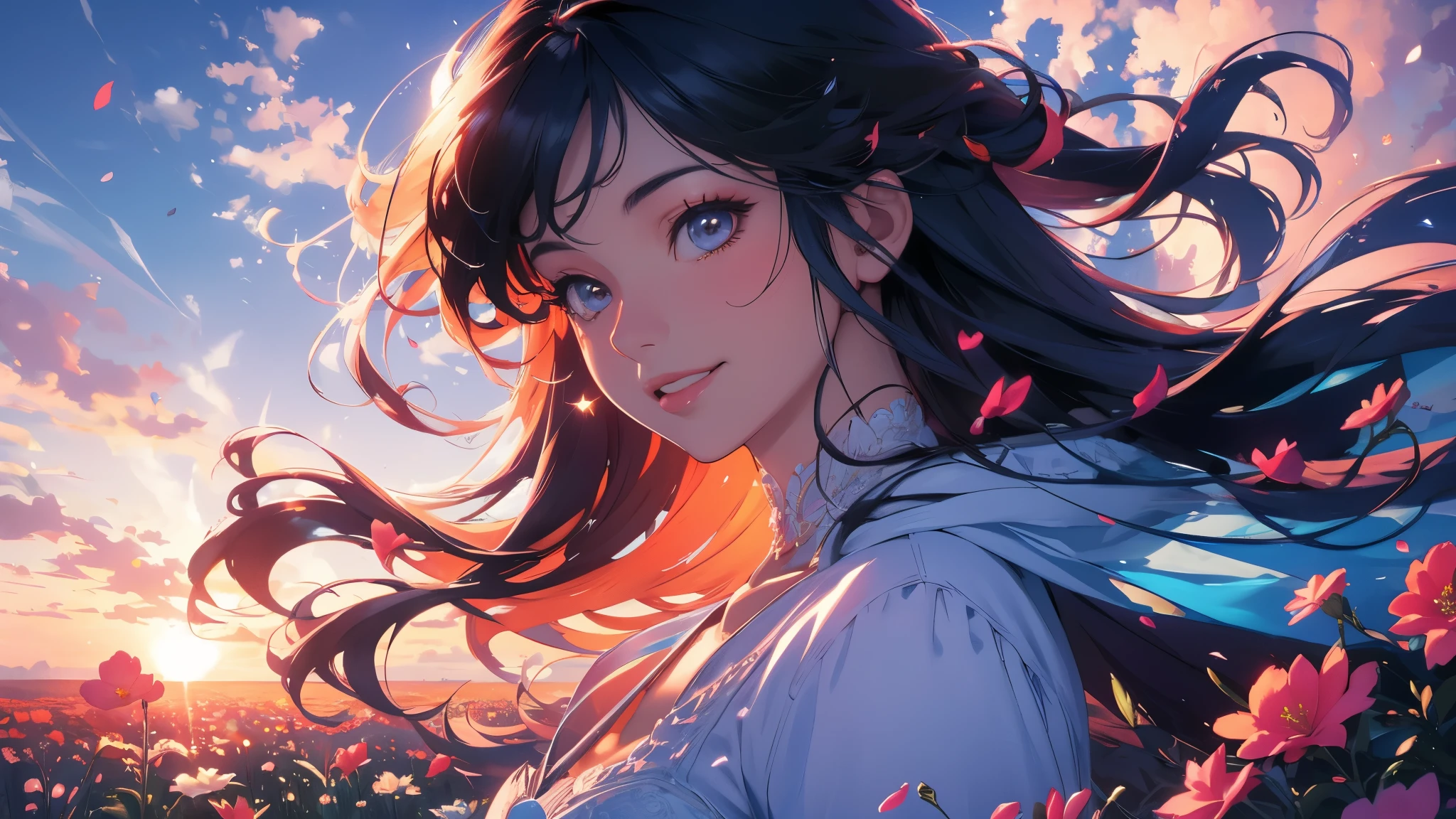 A stunning wide view image of an anime Young woman looking at the vast plain, countless of grass and colorful flowers, dreamlike sky, fluffy clouds, vibrant sunset colors, gentle breeze blowing through her hair, radiant smile on her face, elegant flowing dress, surrounded by a peaceful and enchanting atmosphere, soft natural light illuminating the scene, creating a magical and surreal ambiance. (best quality, ultra-detailed, photorealistic:1.37), anime style, pastel color palette, ethereal lighting