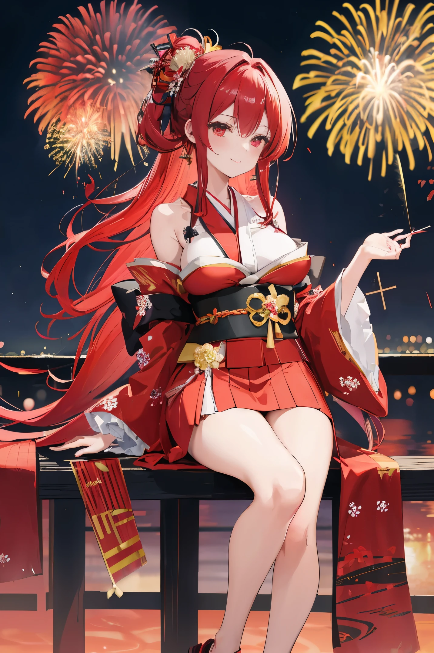 "anime girl, 1 person, red hair, shoulder length hair, dark red eyes, wearing flower hairpin, female kimono, red kimono with gold border pattern, big breasts, long stockings, blushing smile, standing still cross-legged, solo, view from different angles, festival, New Year's Eve fireworks, fireworks viewing, night (full HD 4K+ image)"
