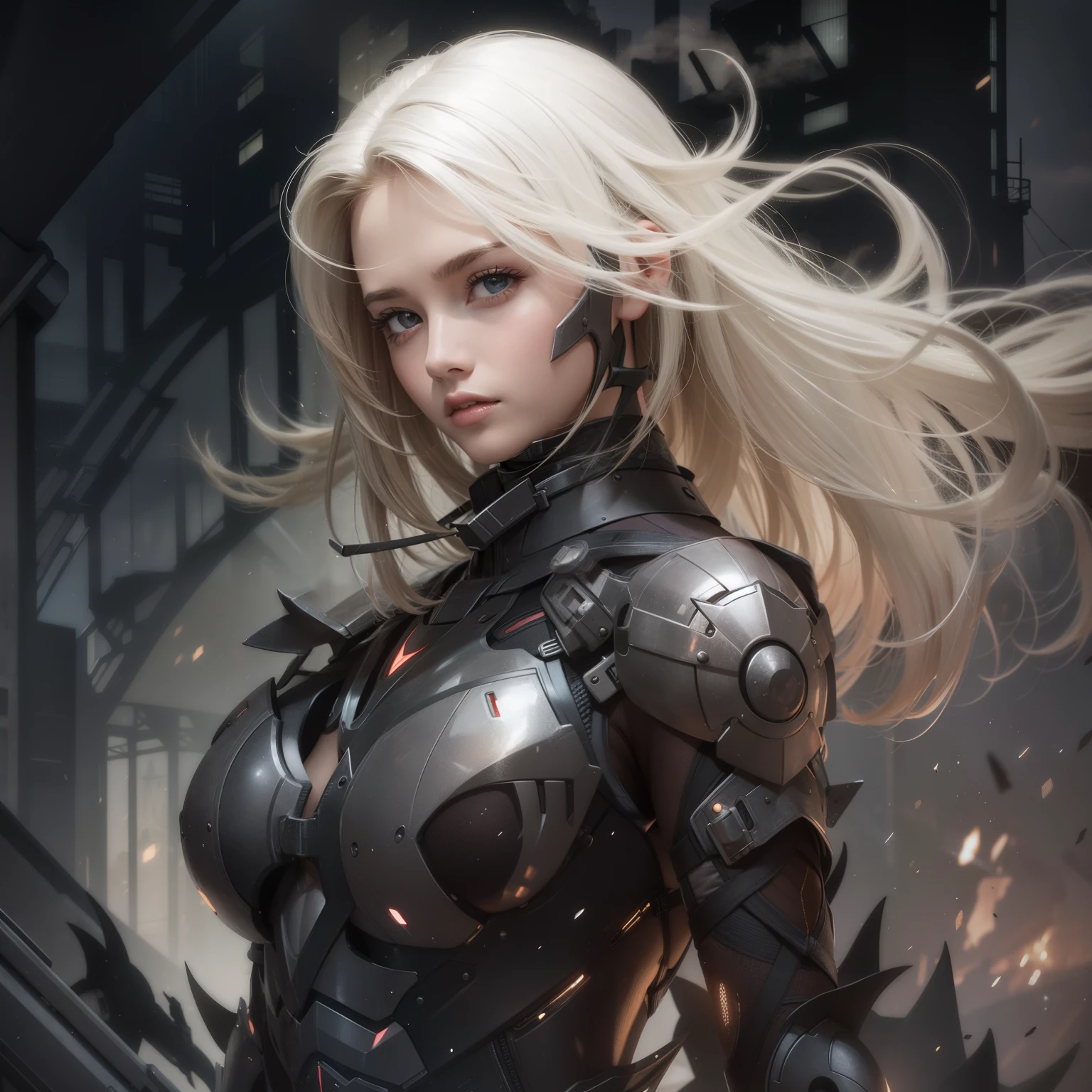Superhero beauty young girl in sci-fi complex suit steel tatical armor