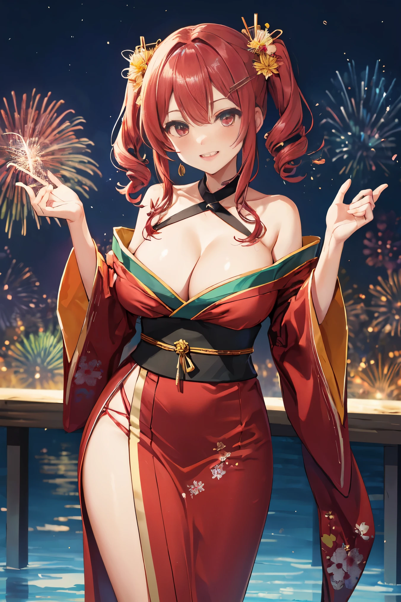 "anime girl, 1 person, red hair, shoulder length hair, dark red eyes, wearing flower hairpin, female kimono, red kimono with gold border pattern, big breasts, long stockings, blushing smile, standing still  cross-legged, solo, view from different angles, festival, New Year's Eve fireworks, fireworks viewing, night (full HD 4K+ image)"