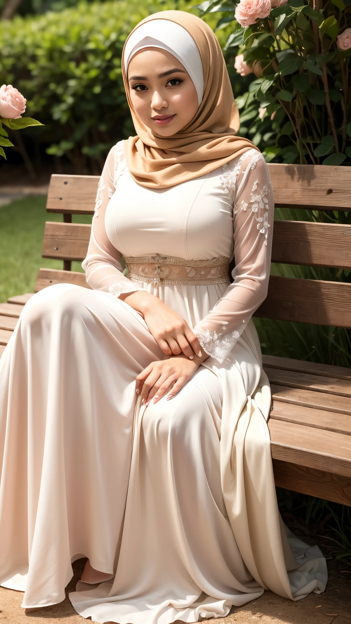 ( Close Up),RAW, Best quality, high resolution, masterpiece: 1.3), beautiful Malay woman in hijab,Masterpiece, perfect fit body, big breast,big gorgeous eyes, Soft smile,beutiful face,thick thighs, a two women in long dresses sitting on a bench with flowers, long dress female, full covered dress, modest flowing gown, peach and goma style, flowing dress,  dress, hijab, long dress, soft silk dress, wearing an elegant dress, 2 colours, malay , Excellent lighting, Bright colors, Clean lines,