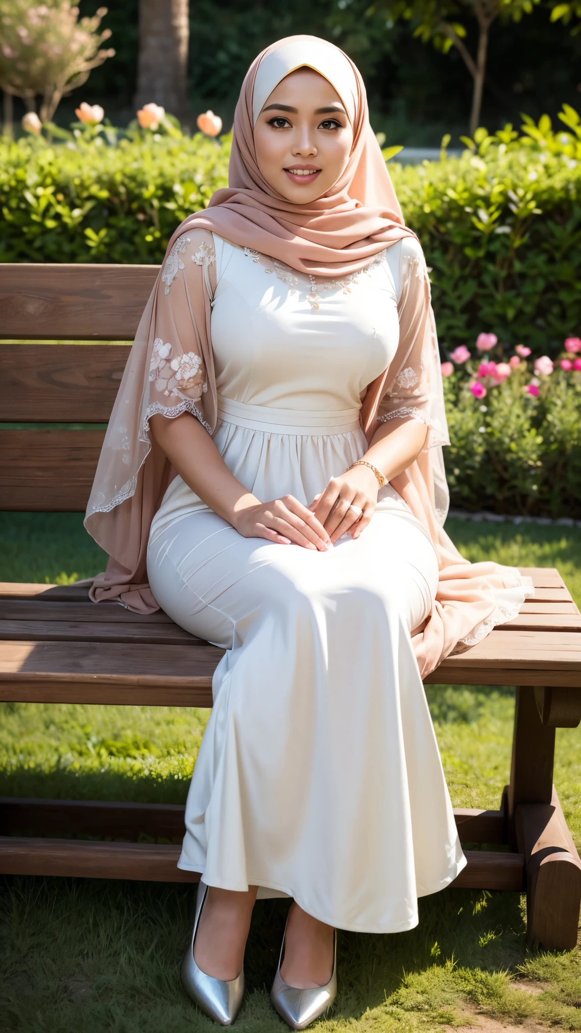 RAW, (Best quality, high resolution, work: 1.3), Beautiful Malay woman in hijab, perfect fit body, Big breast,Beautiful big eyes, Soft smile, beautiful face, slightly open mouth, thick thighs, beautiful buttocks, woman in a polka dot blouse and long white skirt, fancy top, cute top, puff sleeves, polkadots, hijab, beautiful clothes, casual modern clothing, wearing a blouse, wearing beautiful clothes, very beautiful style, white and orange, modern casual clothing, orange and white, polka dot, beautifull woman in garden flowers