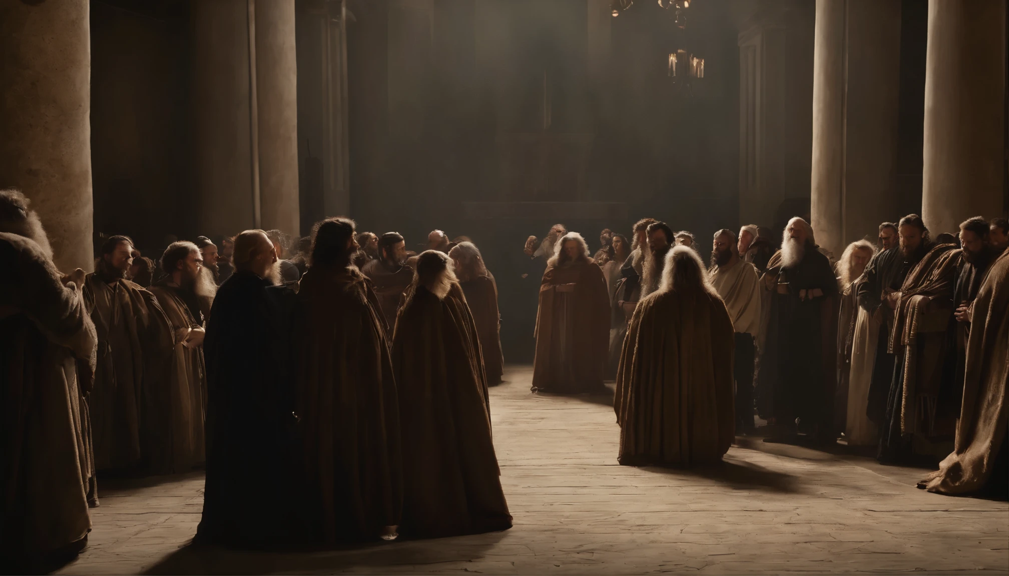 Apostles of Jesus wore clothing typical of the biblical era in a church typical of the time and a crowd around them, imagem ultra realista,