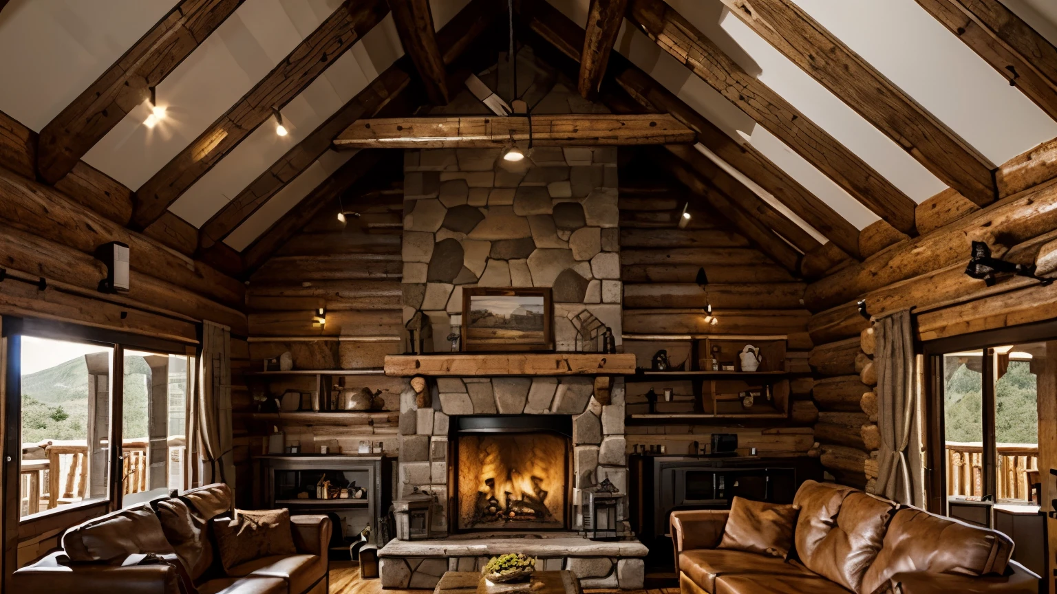View of a cabin with rustic furniture and a fireplace. Janela aberta. Alta qualidade.