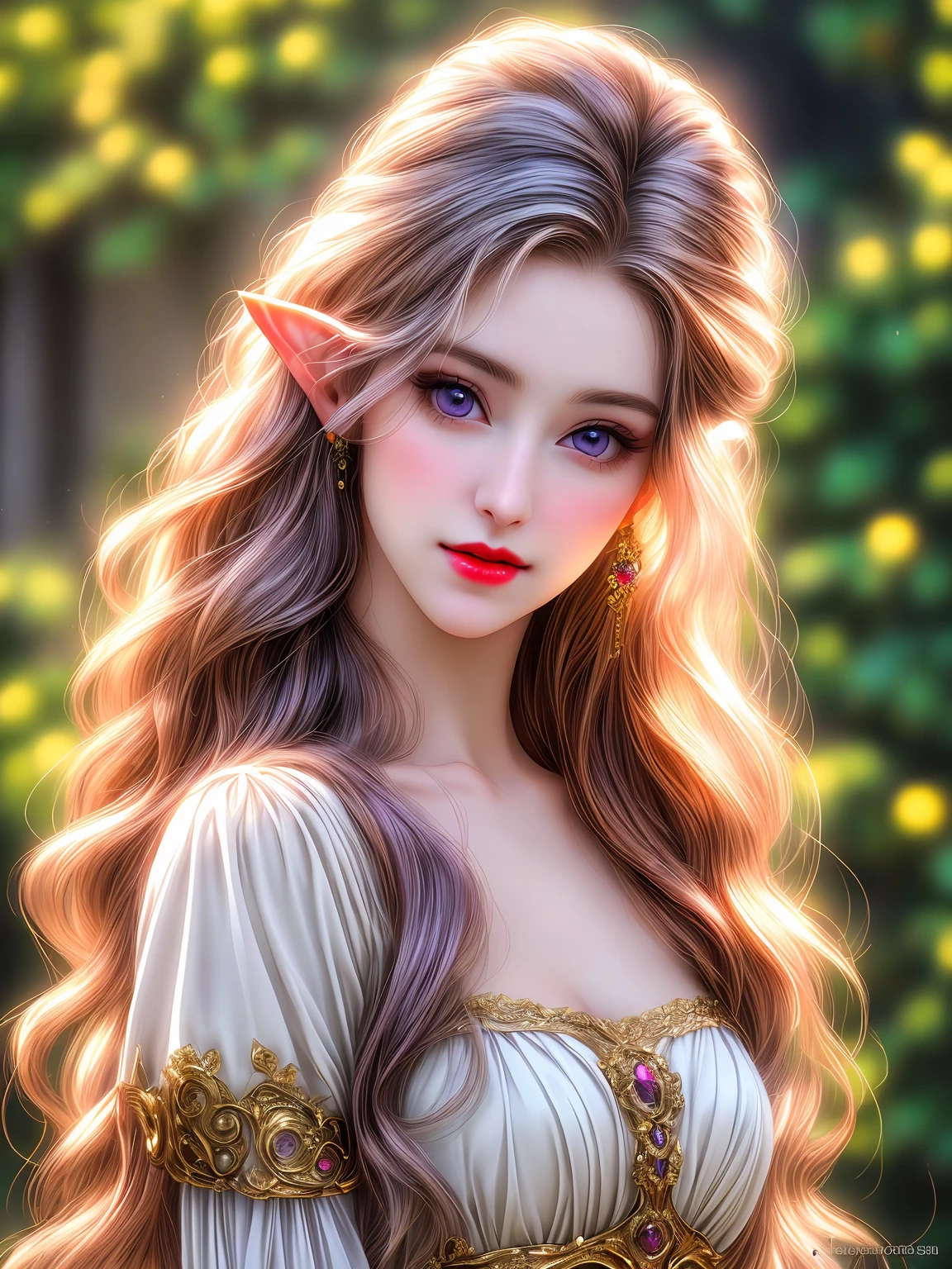 An elf with a reference sheet, featuring white long hair and violet eyes. The elf has a sweet smile with full red lips and an innocent look. The character has lush eyelashes. The artwork is inspired by Gustav Klimt and the style is by Mike Winkelman. The image quality is (best quality, 4k, 8k, highres, masterpiece:1.2) and it is ultra-detailed and (realistic, photorealistic, photo-realistic:1.37). The colors are vibrant and the lighting is carefully crafted.