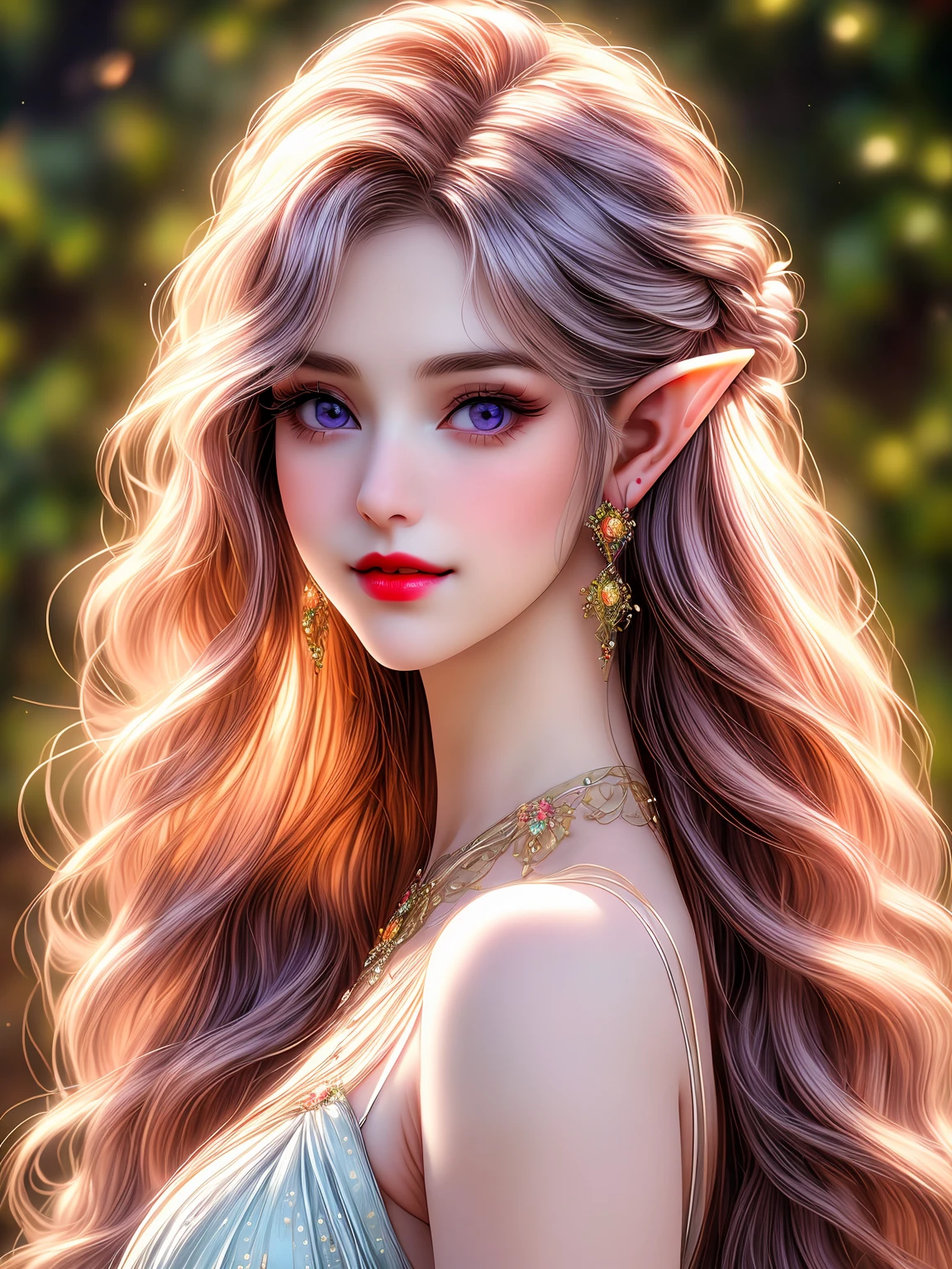 An elf with a reference sheet, featuring white long hair and violet eyes. The elf has a sweet smile with full red lips and an innocent look. The character has lush eyelashes. The artwork is inspired by Gustav Klimt and the style is by Mike Winkelman. The image quality is (best quality, 4k, 8k, highres, masterpiece:1.2) and it is ultra-detailed and (realistic, photorealistic, photo-realistic:1.37). The colors are vibrant and the lighting is carefully crafted.