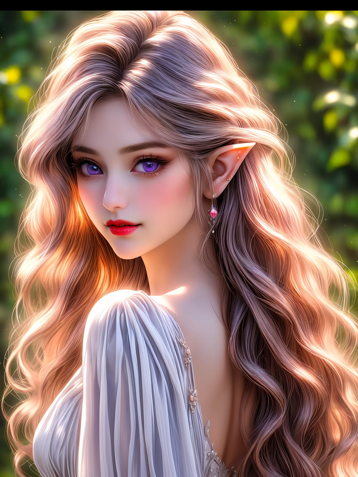 An elf with a reference sheet, featuring white long hair and violet eyes. The elf has a sweet smile with full red lips and an innocent look. The character has lush eyelashes. The artwork is inspired by Gustav Klimt and the style is by Mike Winkelman. The image quality is (best quality, 4k, 8k, highres, masterpiece:1.2) and it is ultra-detailed and (realistic, photorealistic, photo-realistic:1.37). The colors are vibrant and the lighting is carefully crafted.