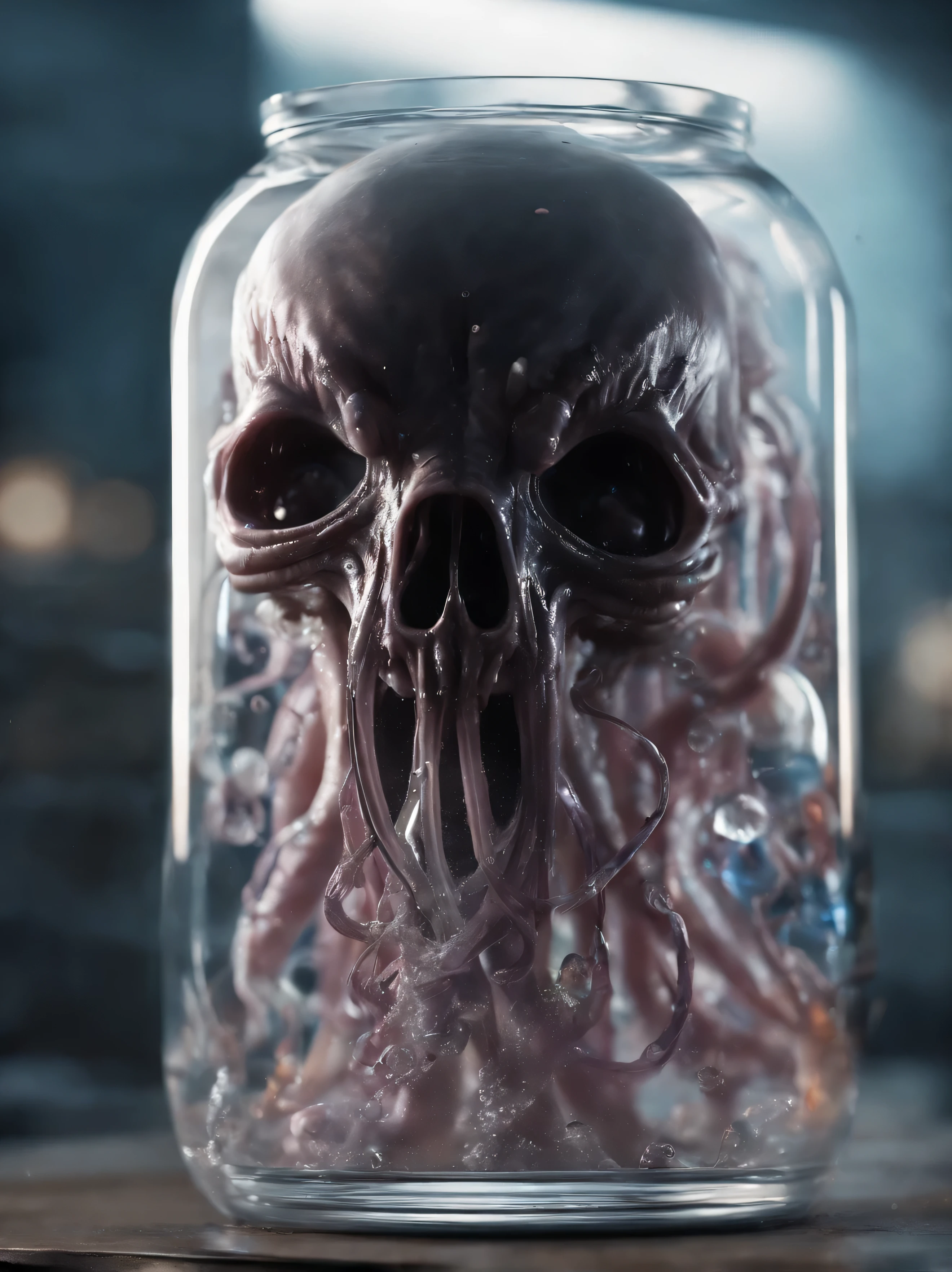(Best quality,4K,8K,a high resolution,masterpiece:1.2),ultra detailed,(Realistic,photoRealistic,photo-Realistic:1.5), sand and glass, an octopus skull violently breaks out of a glass jar, The effect of broken glass, Broken glass, Glass pieces, dramatic lighting, Intense action, dynamic composition, Deep underwater, splatter, bubbles, supernatural {{Tentacles}}, fights, depth of field,